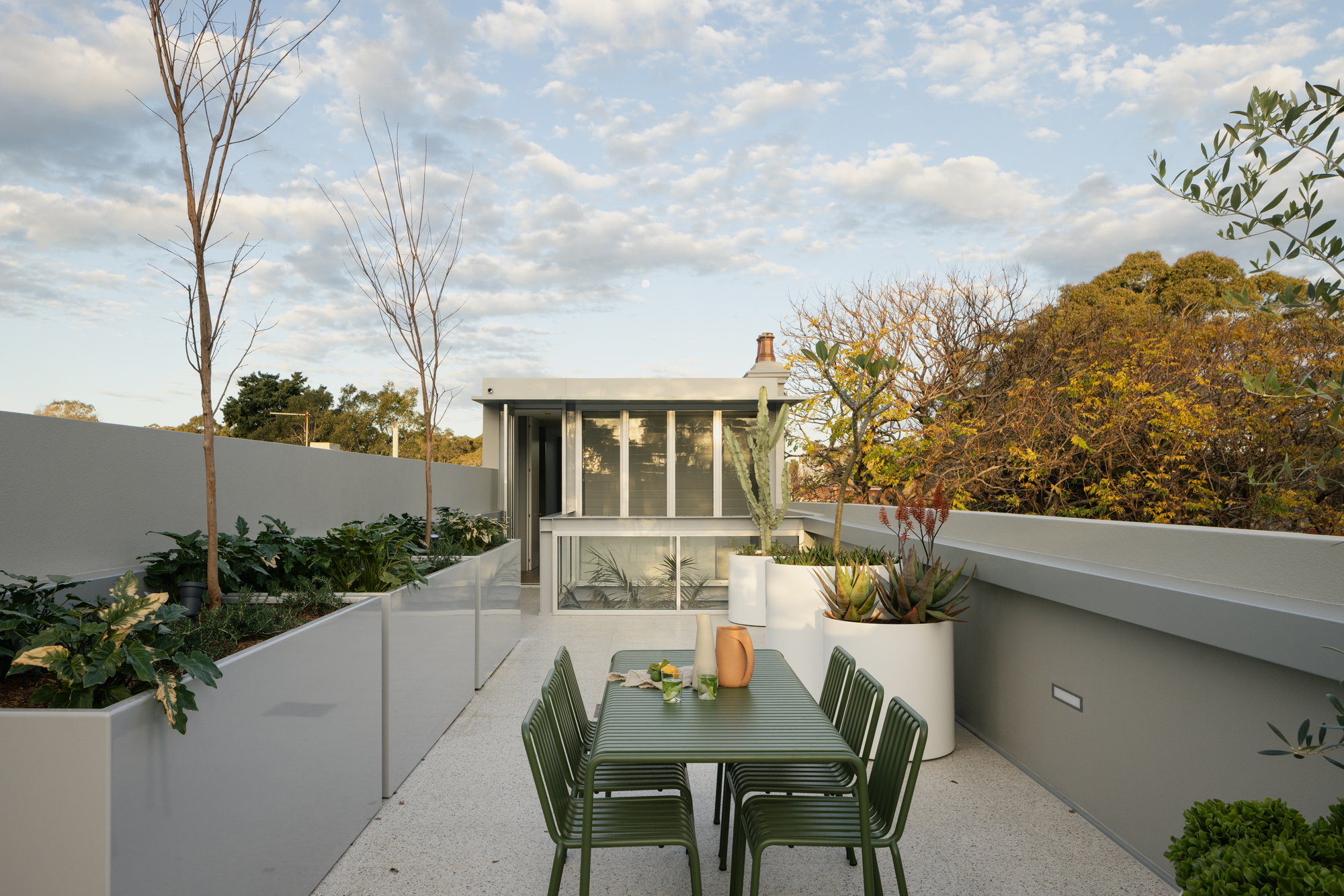 Upper level terrace overlooking planted beds and the glazed rear extension below at dusk