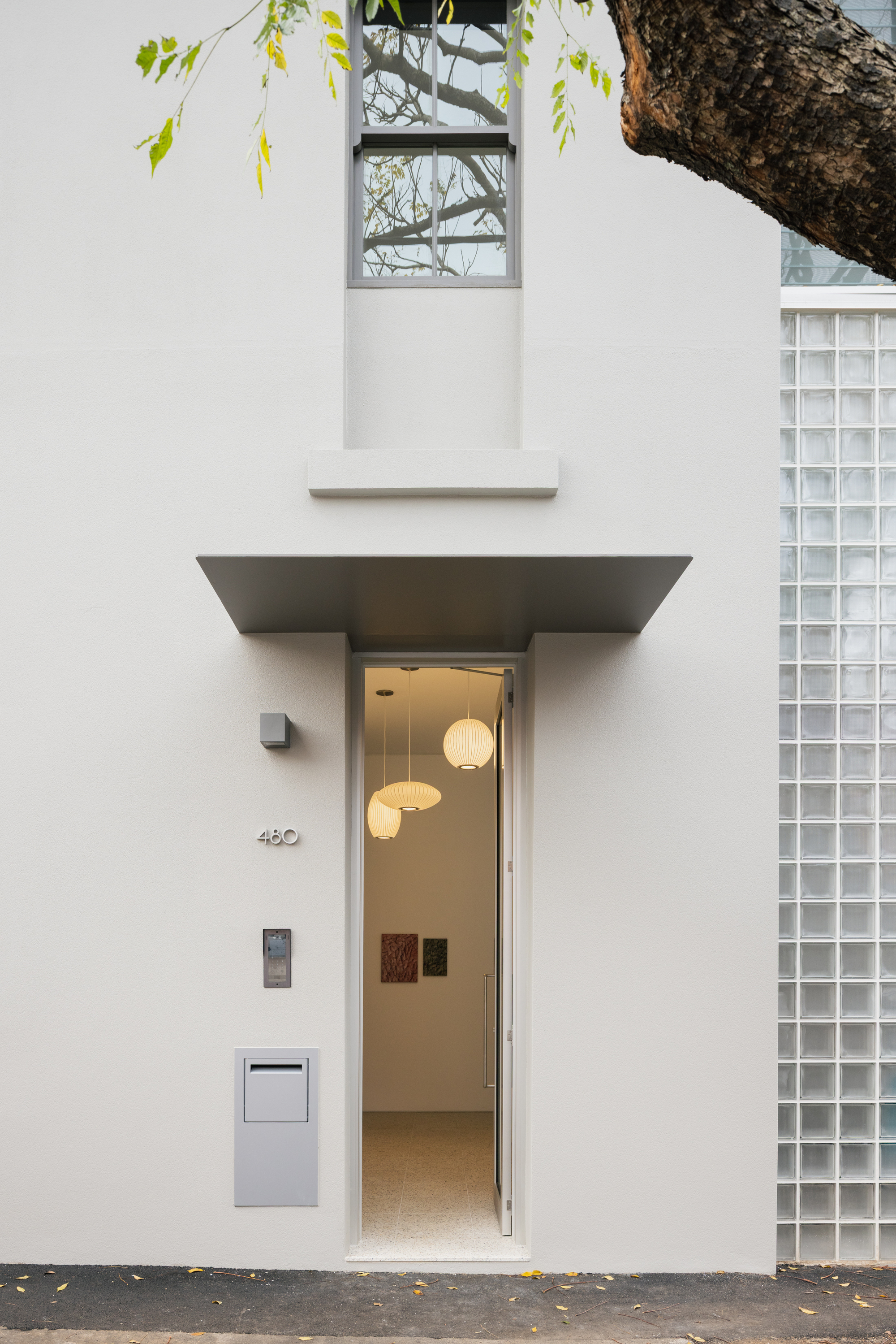 Recessed front entry with cantilevered canopy and narrow vertical window framed by a tree branch