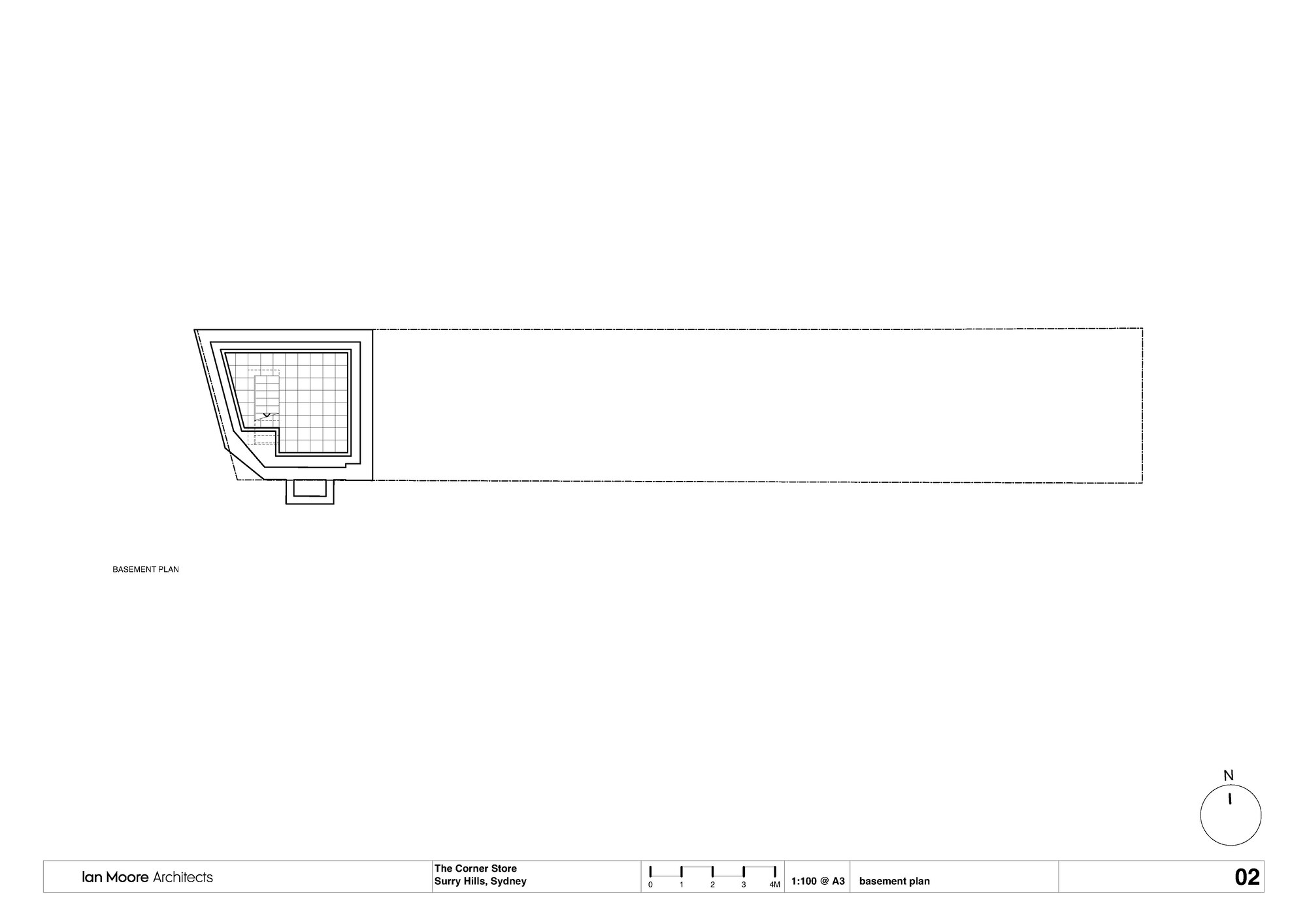 Basement plan drawing showing the narrow footprint with glass brick courtyard at the angled corner