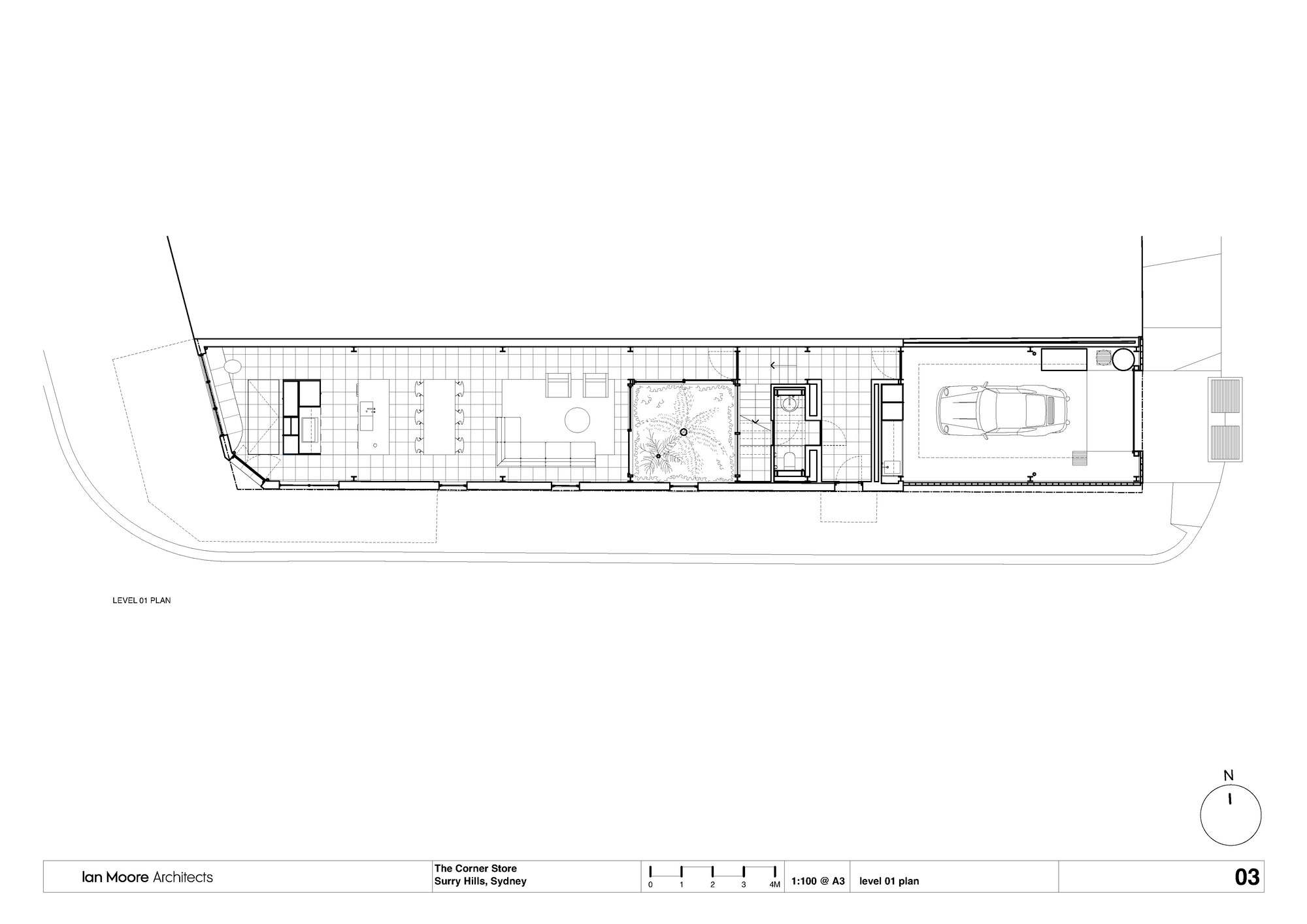 Ground level plan drawing showing living spaces, courtyard, and garage along the elongated site