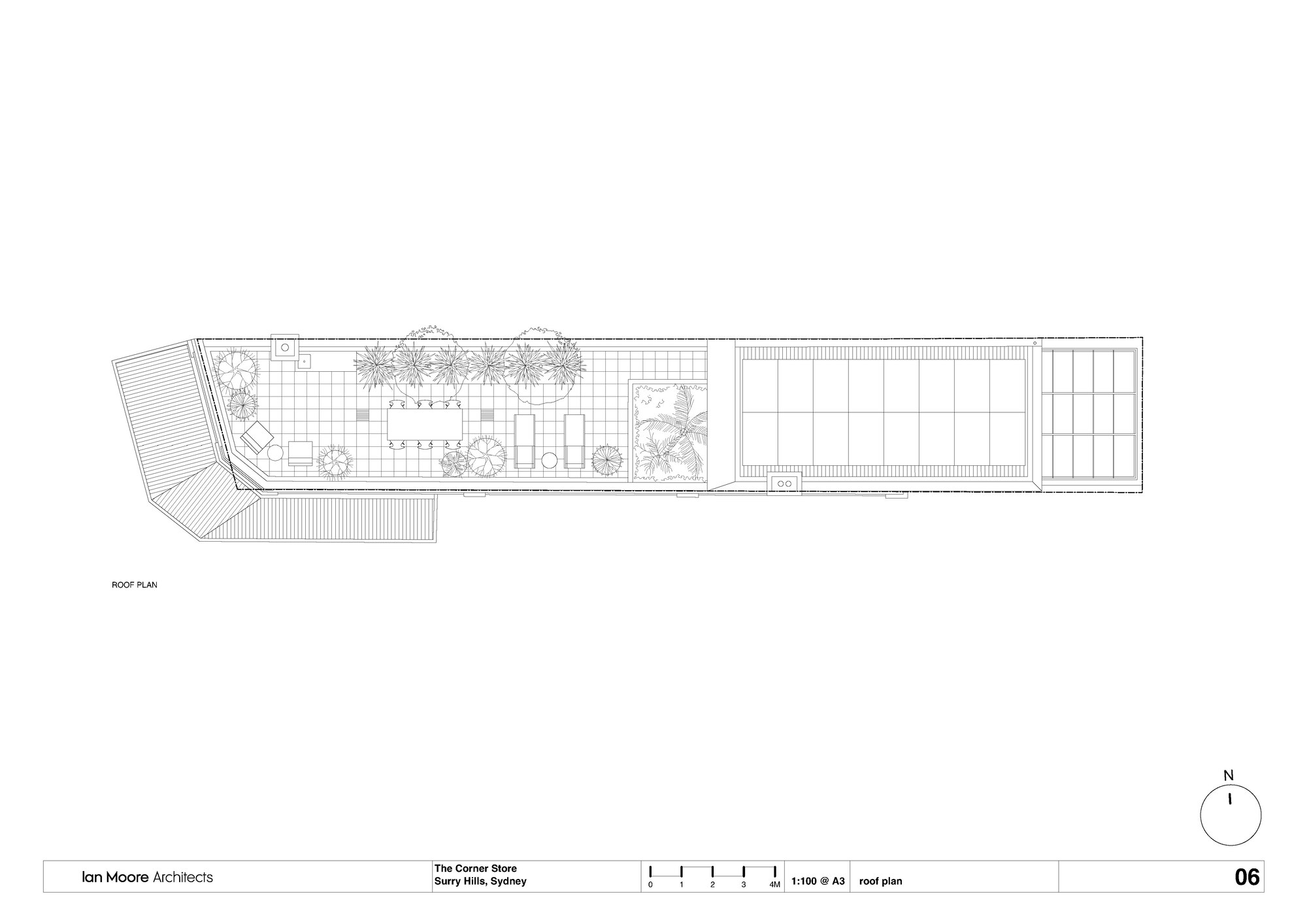 Roof plan showing the planted courtyard garden and gridded roof structure at the rear volume