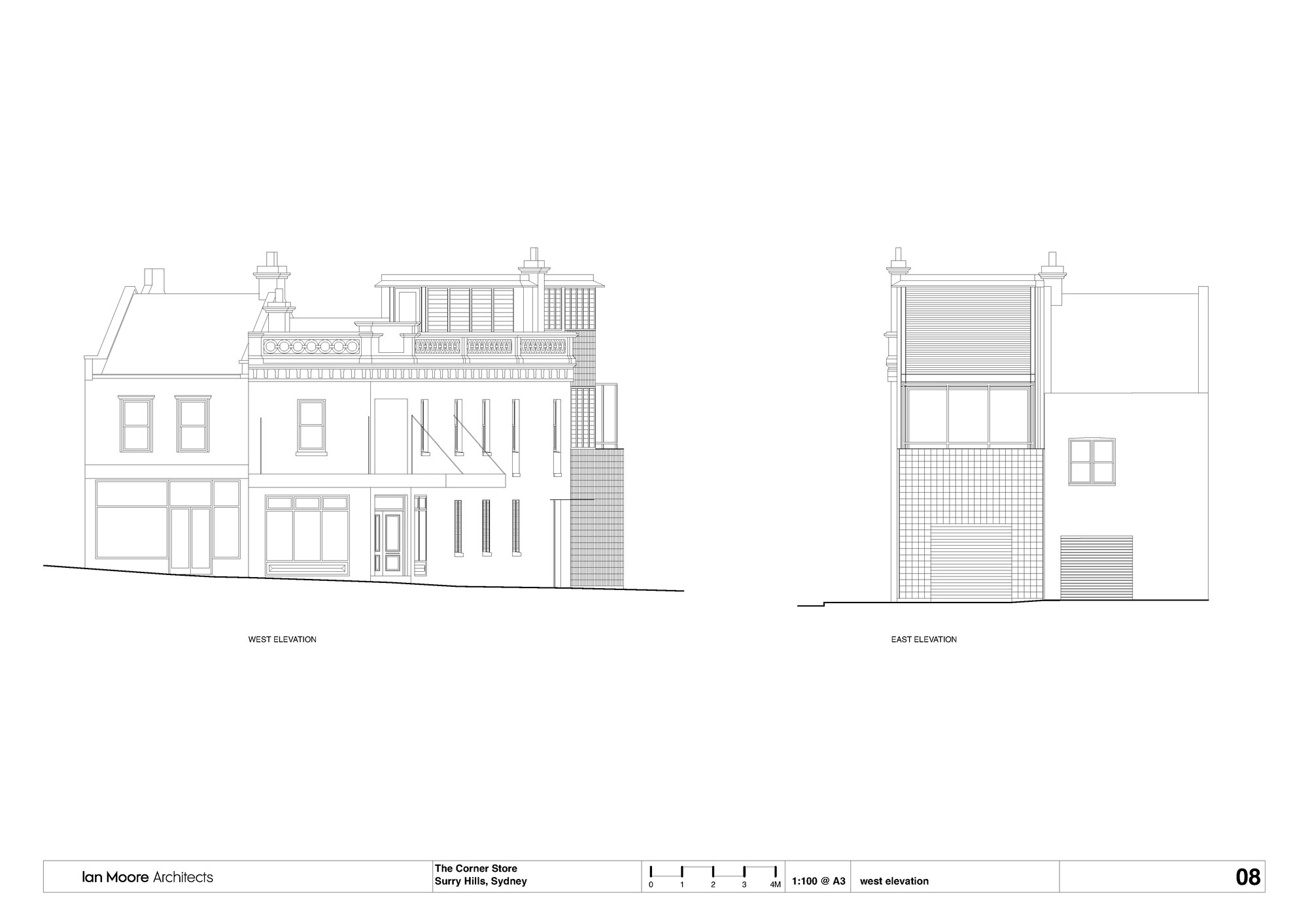 West and east elevation drawings showing the street-facing heritage building and rear gridded addition