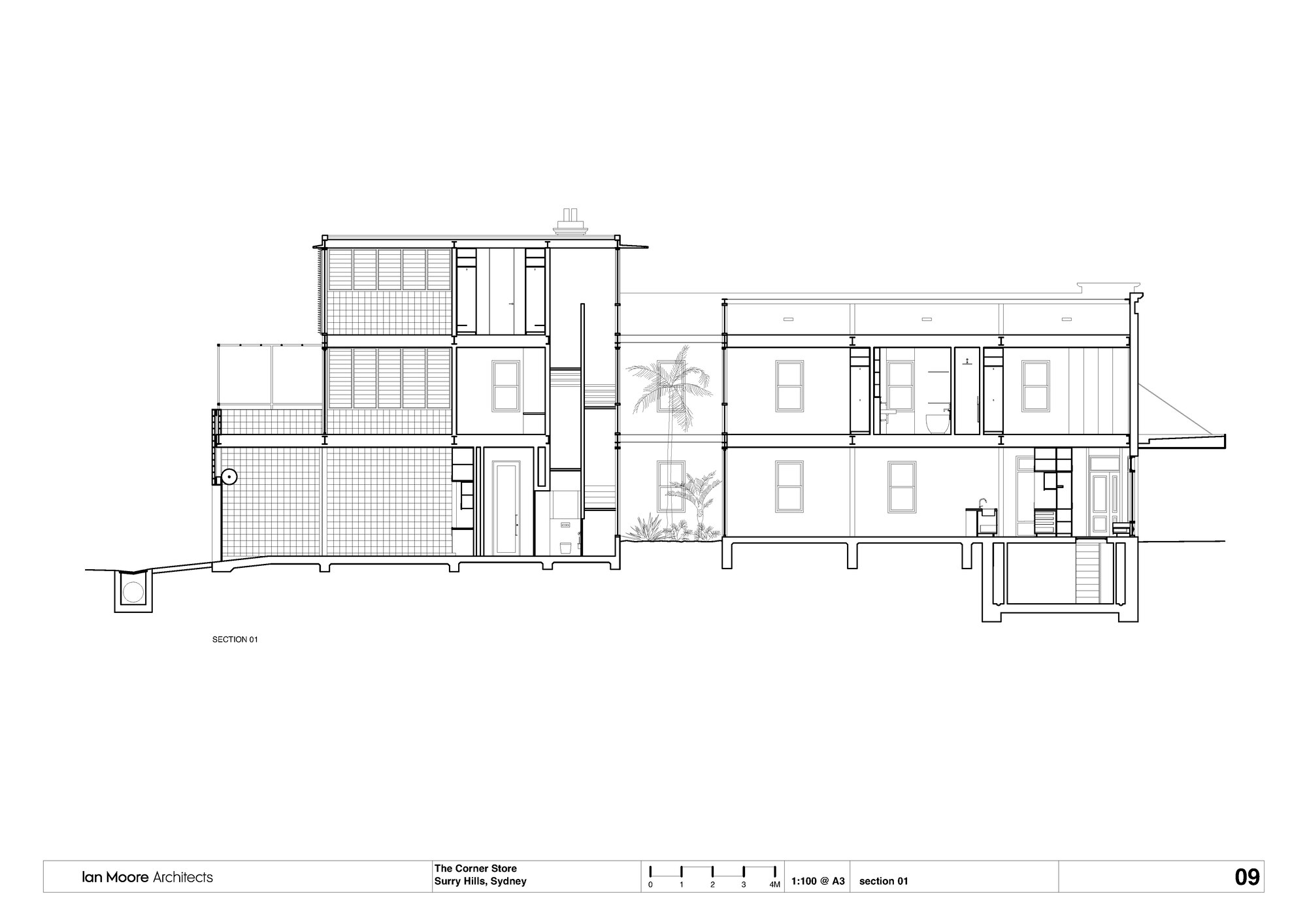Section drawing cutting through the courtyard with trees between the front and rear building volumes