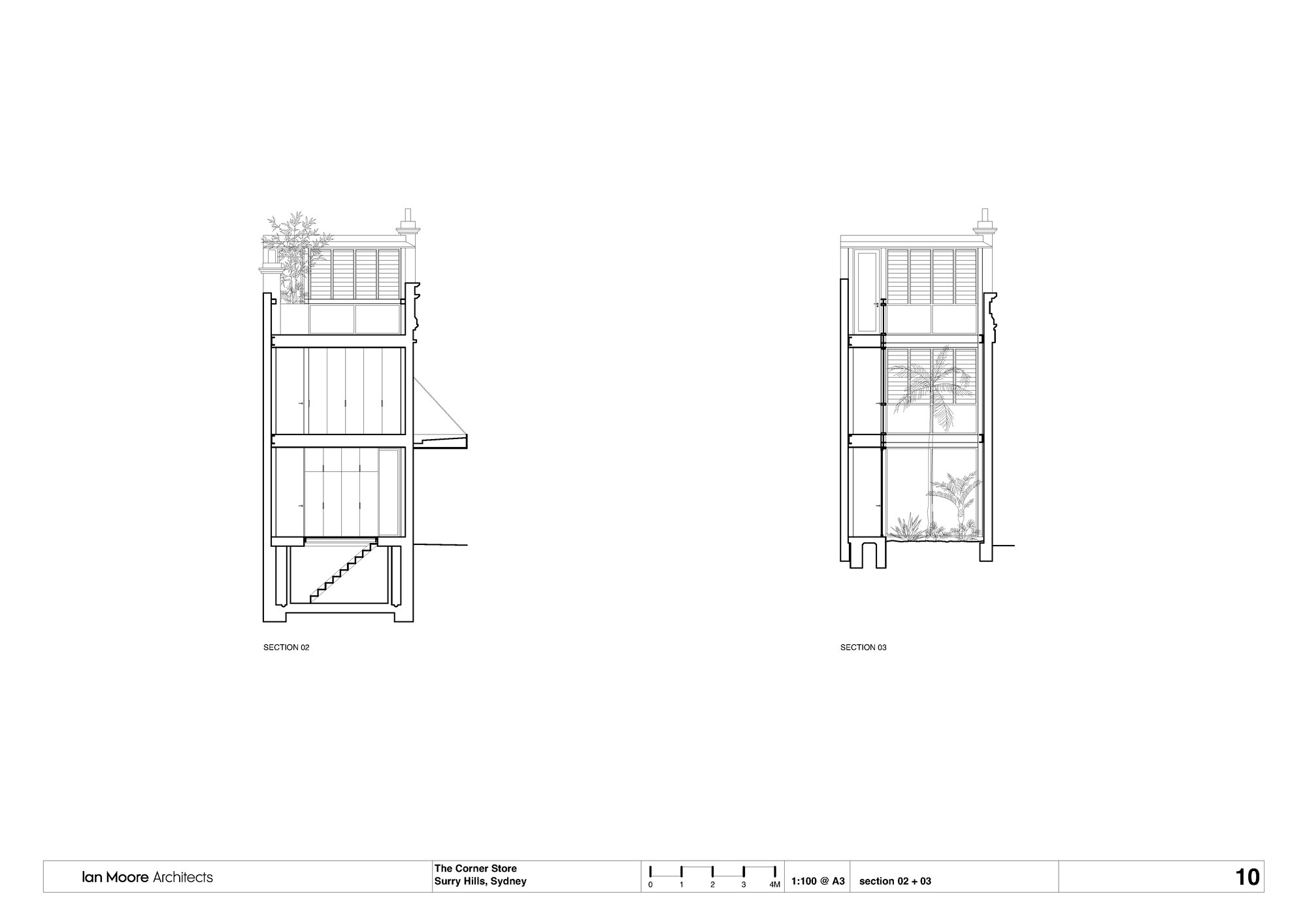 Section drawings showing the three-story volume with rooftop terrace planting and interior staircase connections