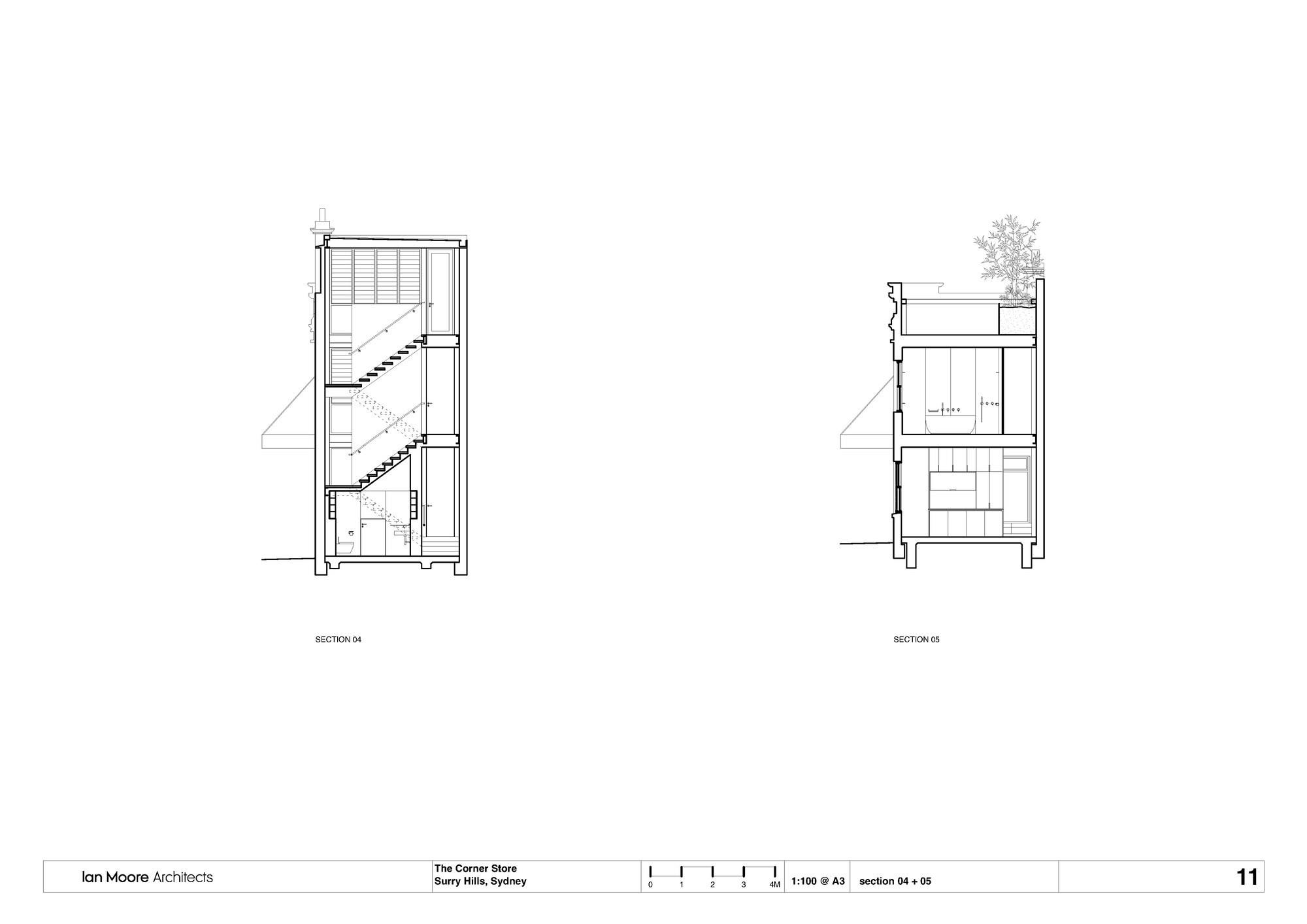 Section drawings revealing the zigzag staircase and rooftop terrace with planted greenery at the uppermost level