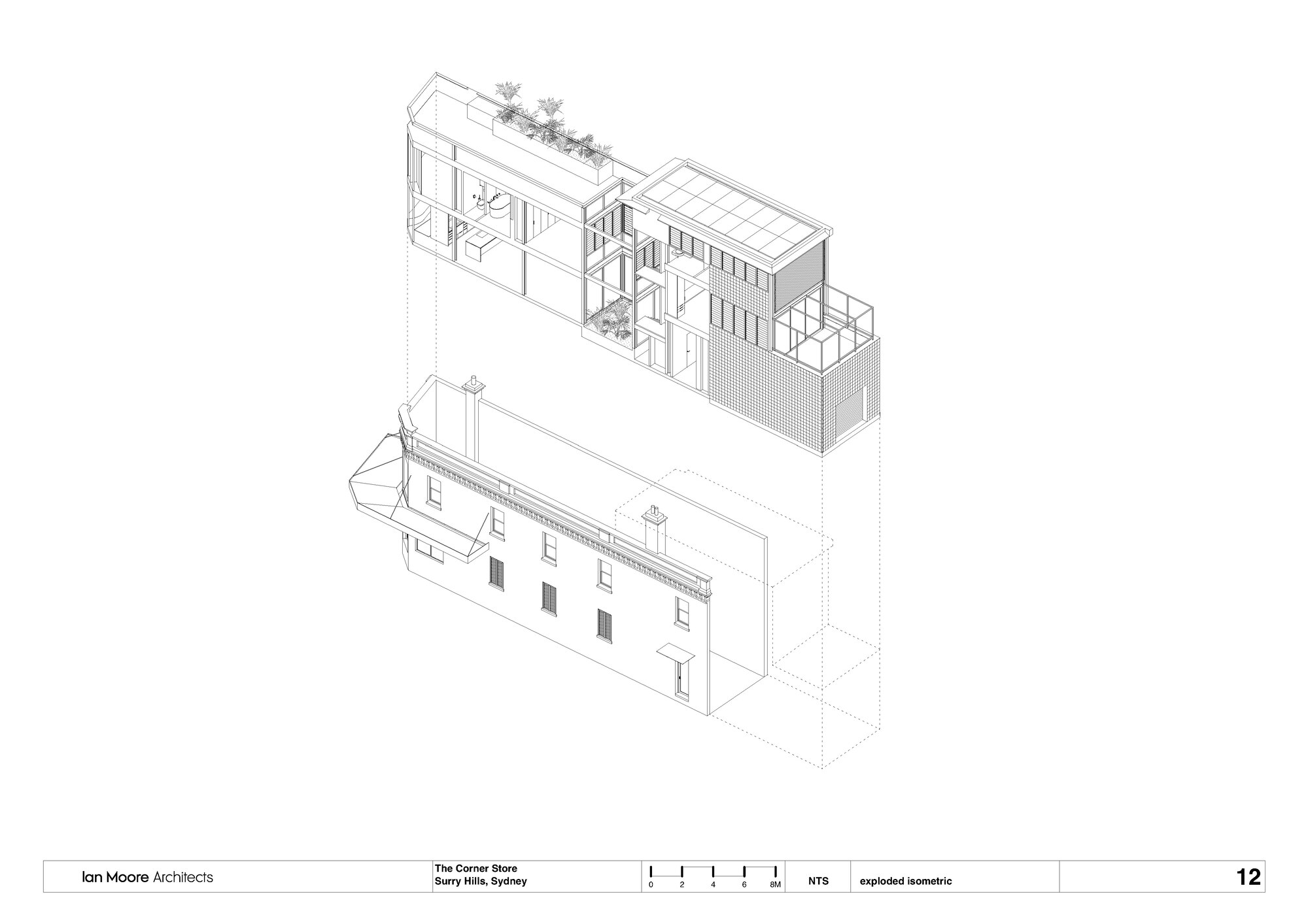 Exploded isometric drawing illustrating the relationship between the heritage structure and new rooftop addition with terrace