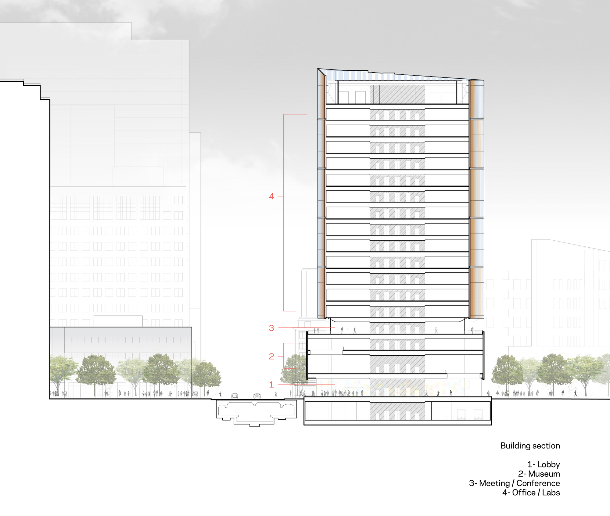 Section drawing showing the tower rising above a podium base with street trees lining the ground level