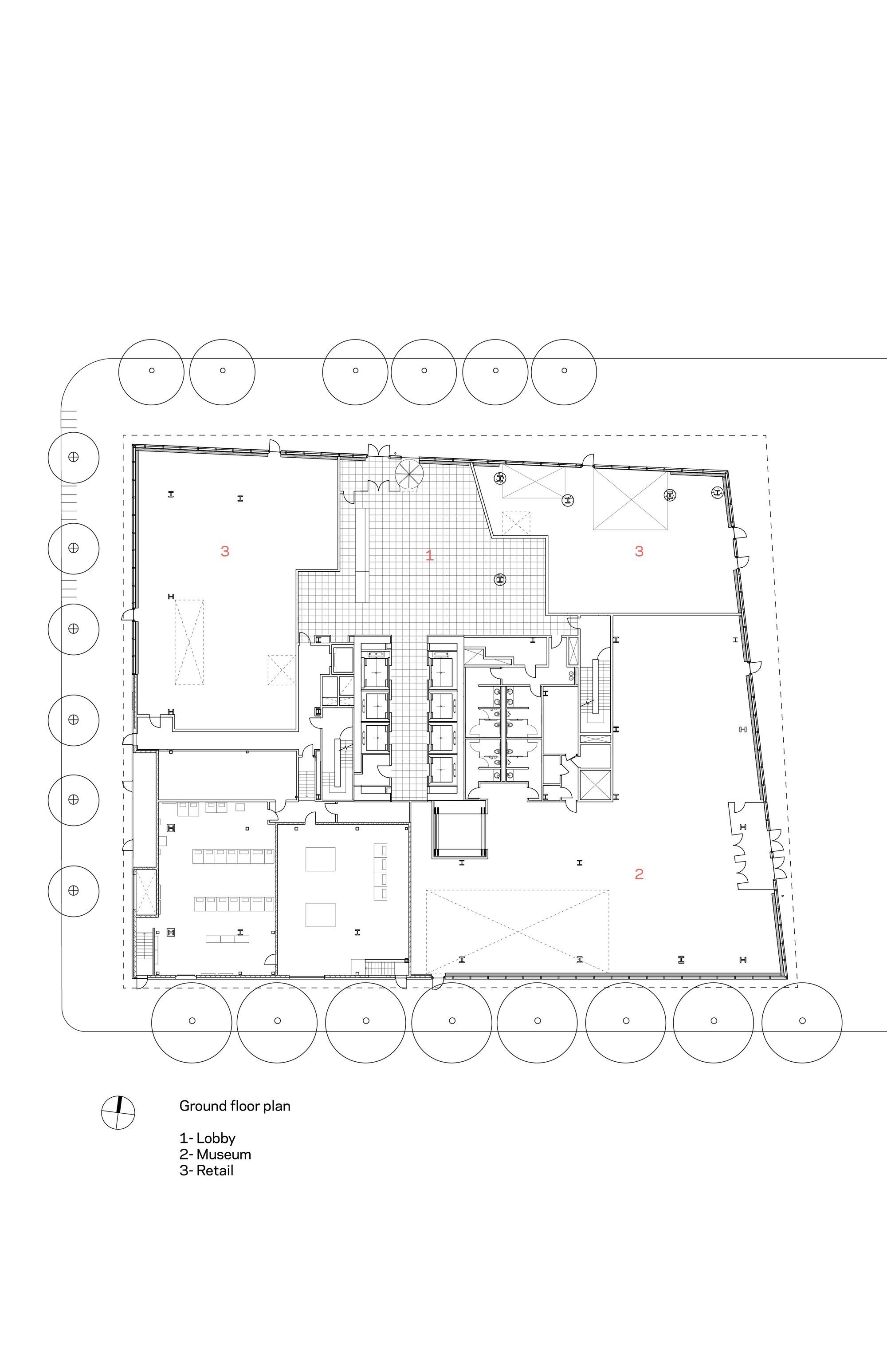 Ground floor plan drawing showing lobby and museum spaces with perimeter tree locations indicated by circles