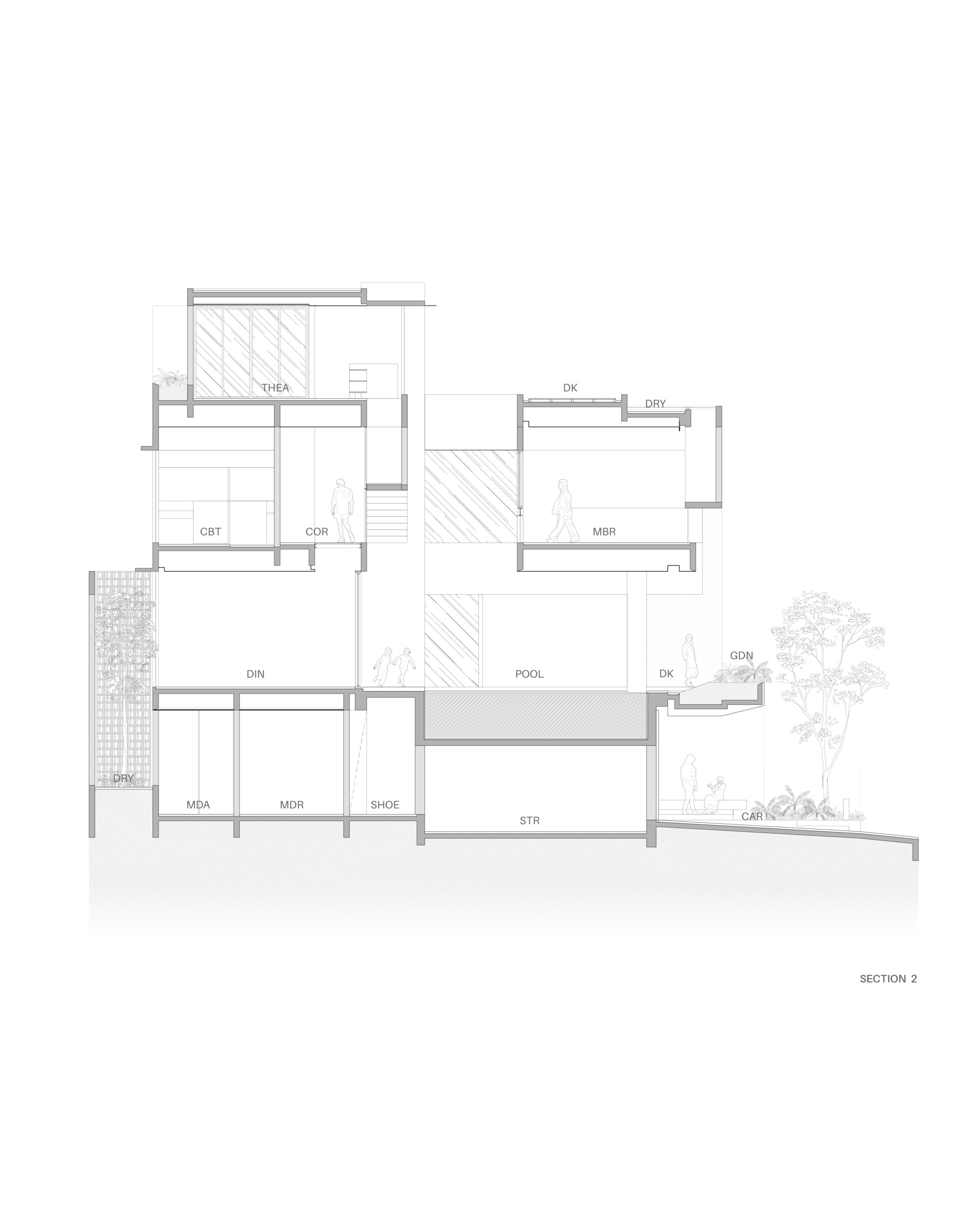 Section drawing showing split-level arrangement with pool, outdoor deck, and trees in adjacent garden