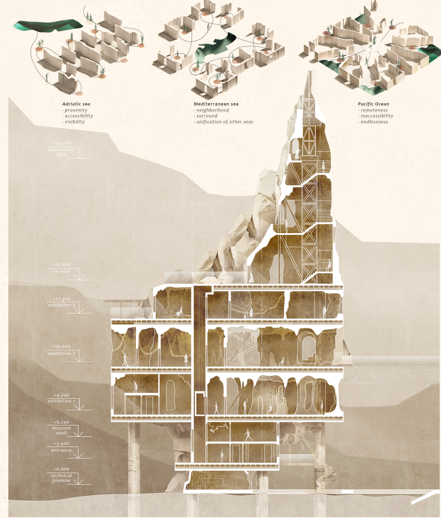 Sectional exploration of the museum tower carved within a growing coral limestone formation.