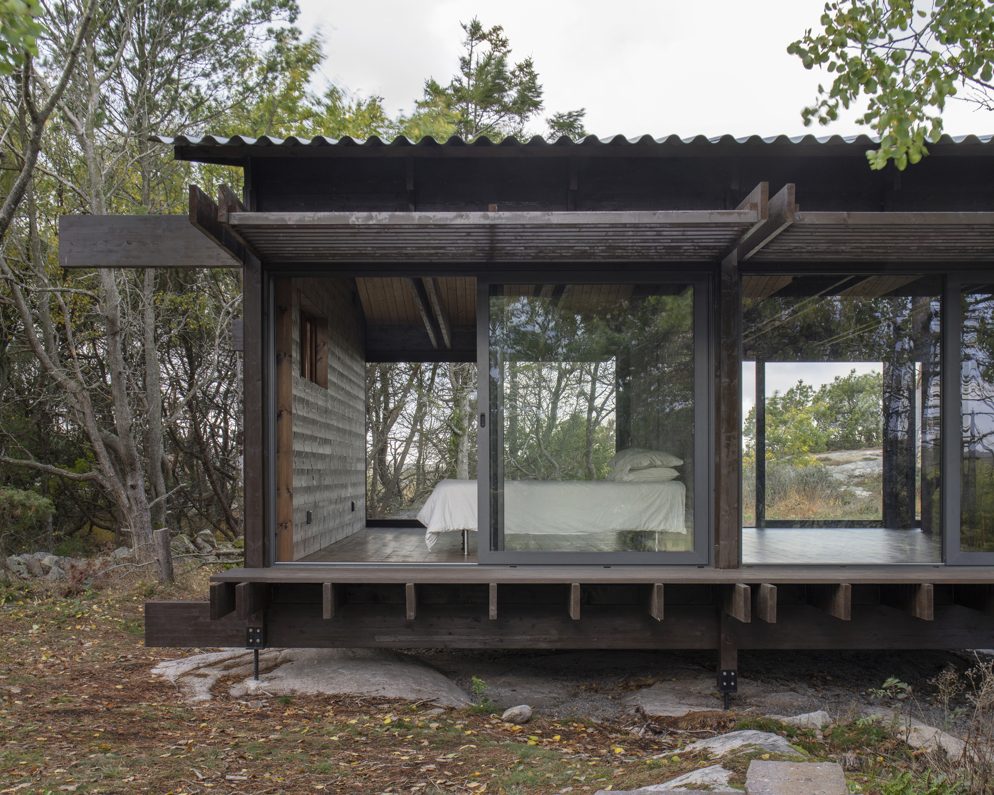 Glass-enclosed bedroom module raised on timber beams with view into surrounding forest on overcast day