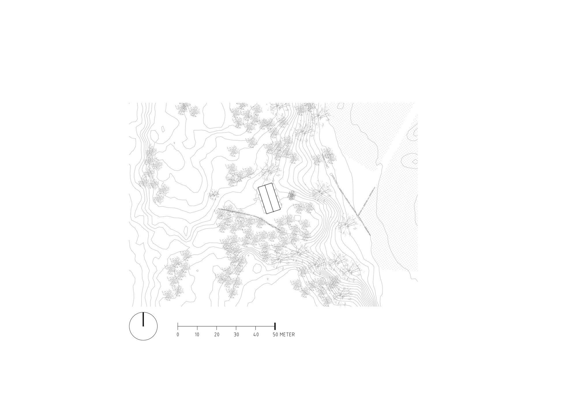Site plan drawing showing a rectangular volume nestled among contoured hillside topography and scattered tree clusters