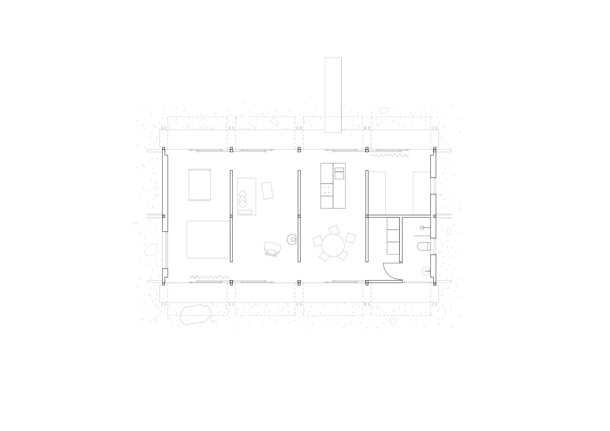 Floor plan drawing depicting an open-plan interior with central living area and bathroom core