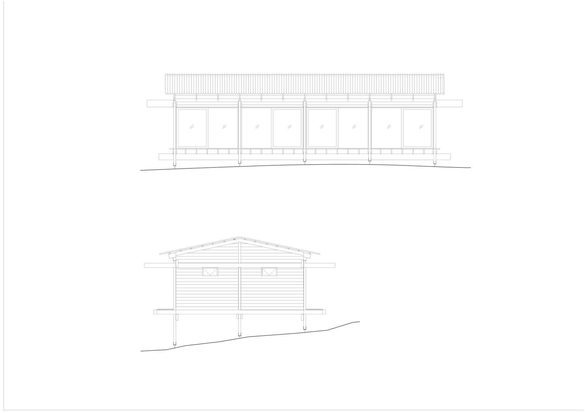 Elevation drawings showing a glazed facade with slatted roof overhang and gabled profile on sloping terrain