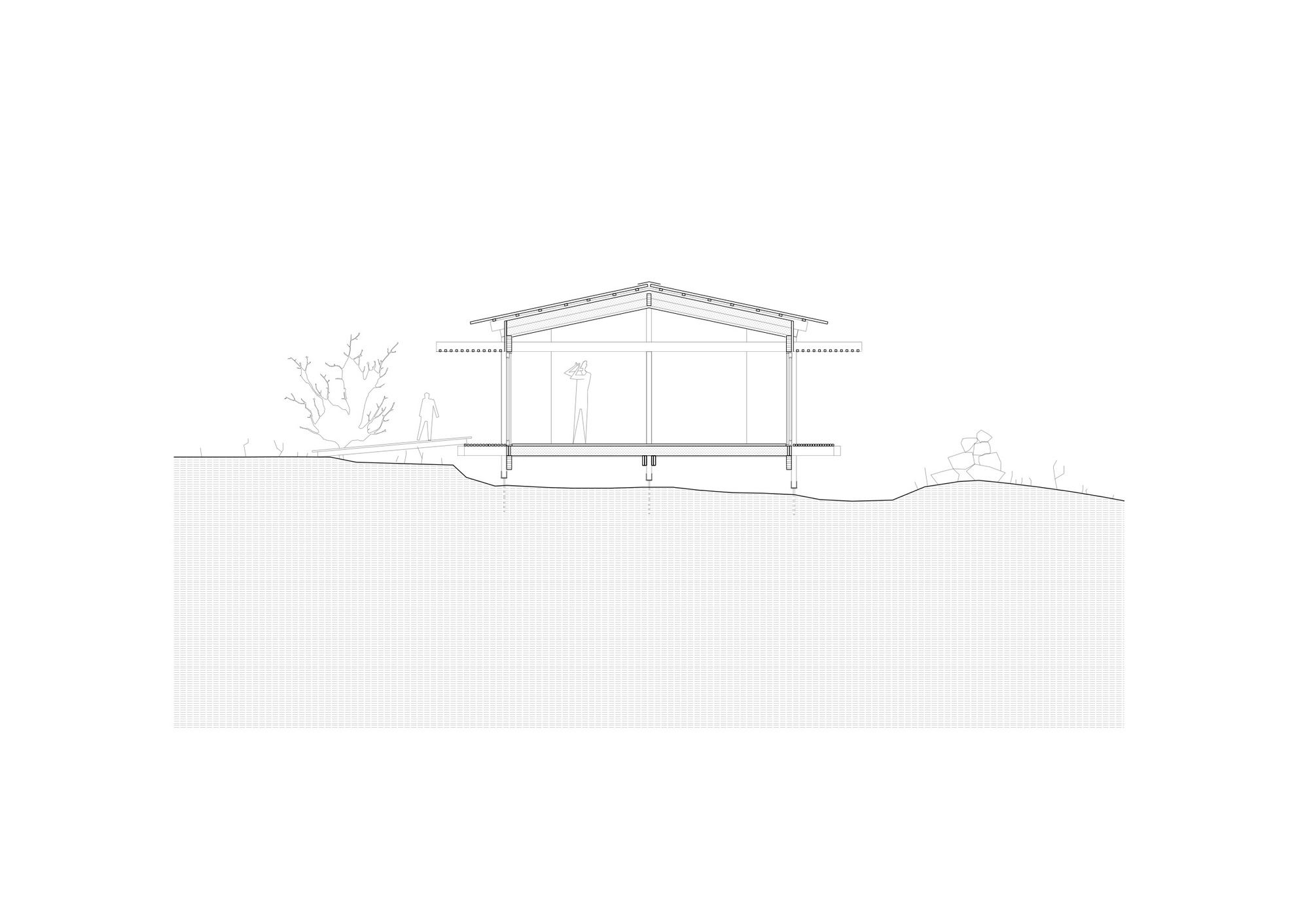 Section drawing showing the pitched-roof structure with figures inside elevated on pilotis above the undulating landscape