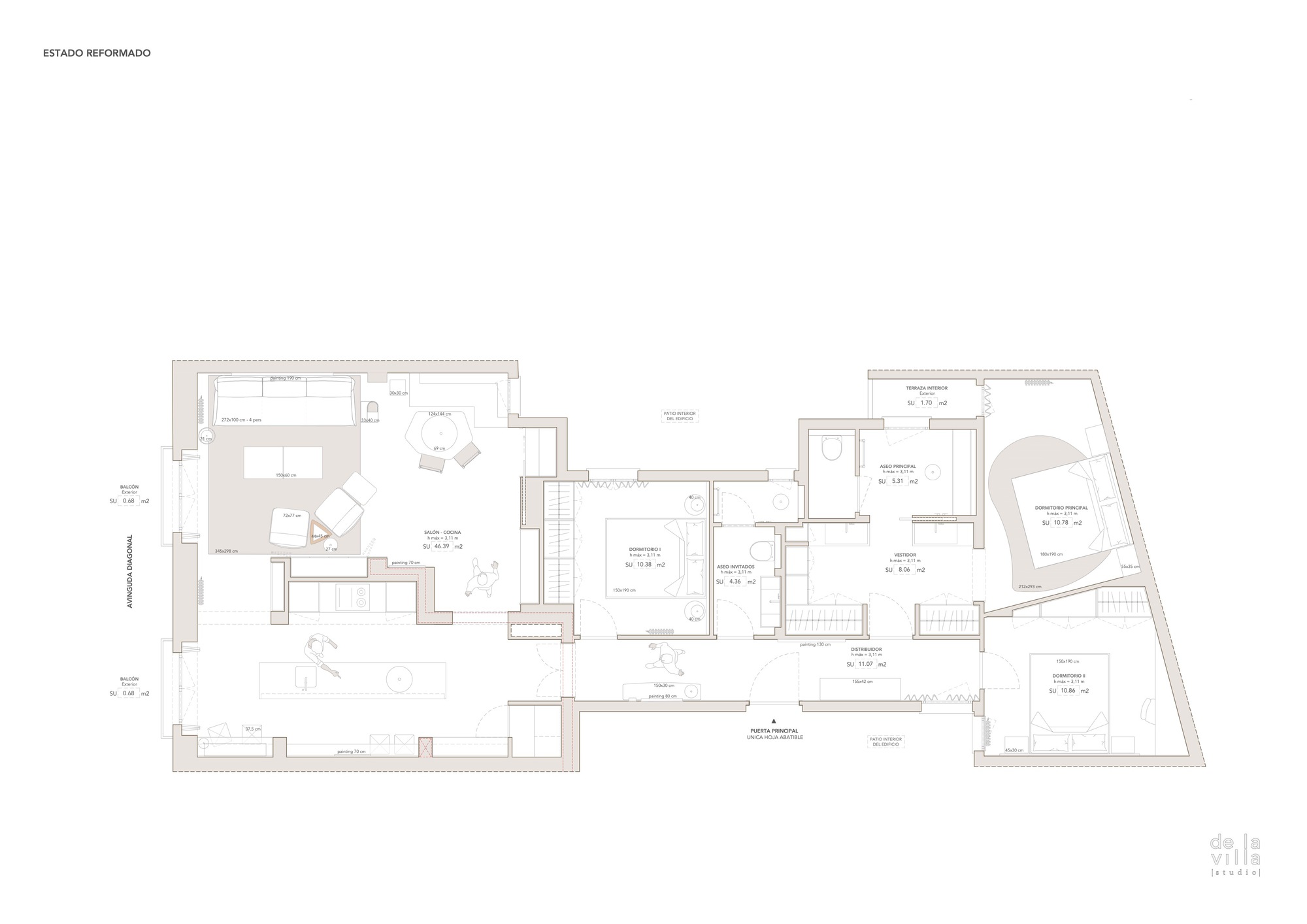Floor plan drawing showing an apartment layout with multiple bedrooms and angled perimeter walls