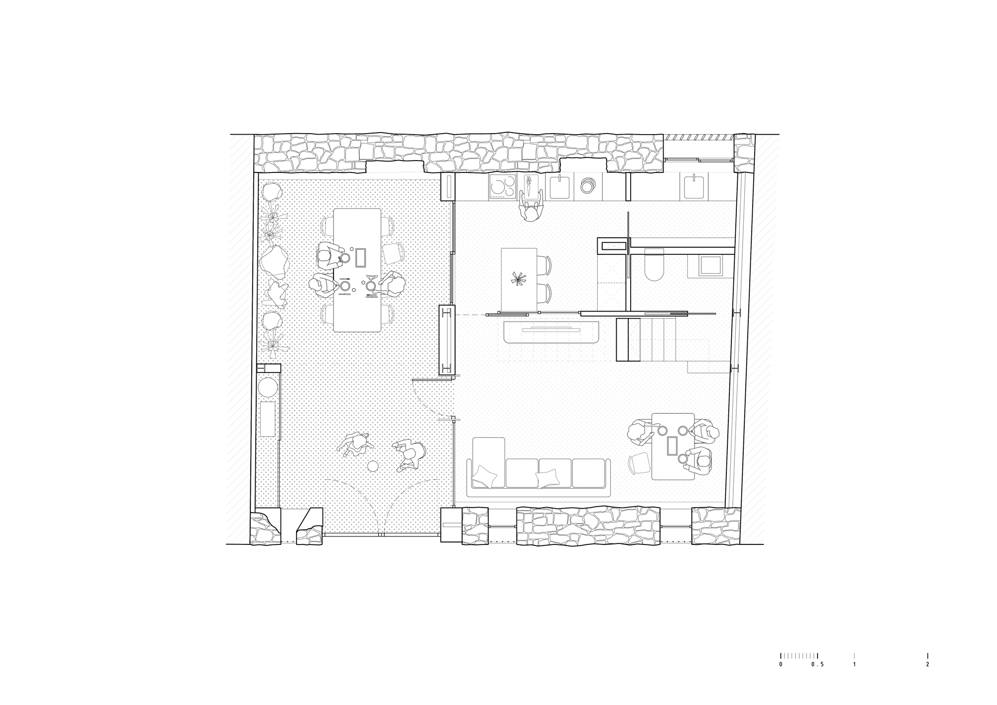 Ground floor plan drawing showing interior layout with courtyard and rooms within stone perimeter walls