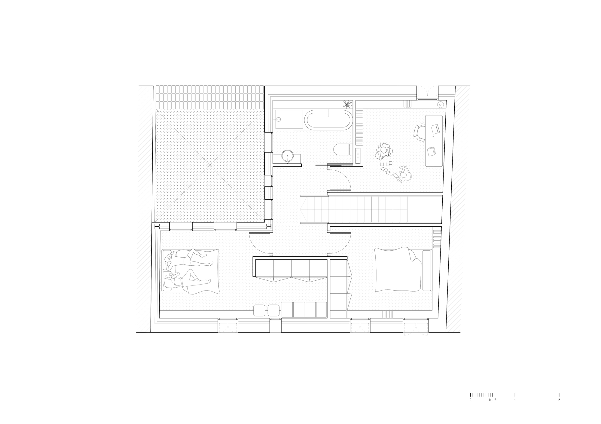 Floor plan drawing showing two bedrooms, a central staircase, a bathroom, and a terrace with hatched paving