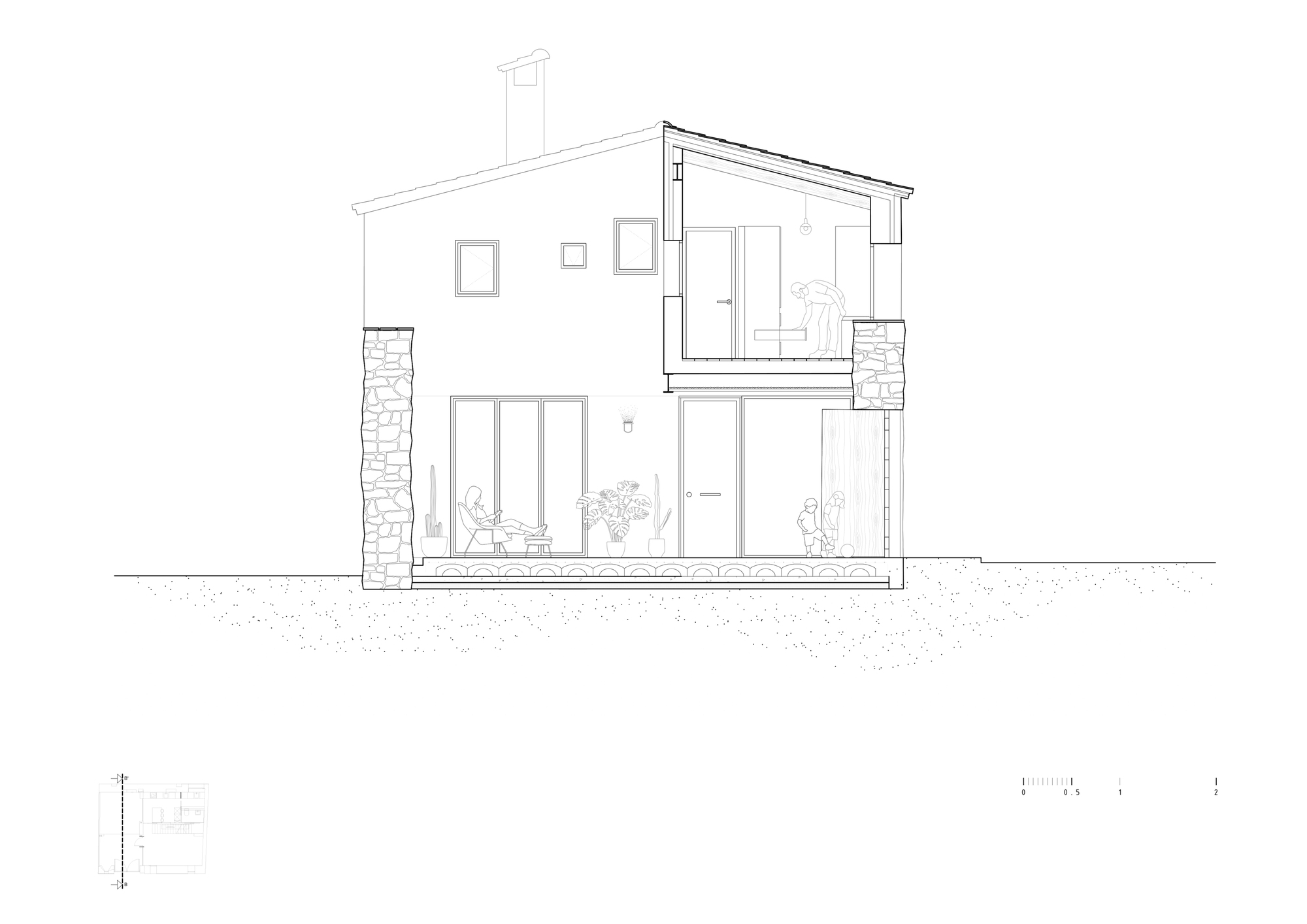 Section drawing revealing a two-story residence with a pitched roof, stone base, and figures on both levels