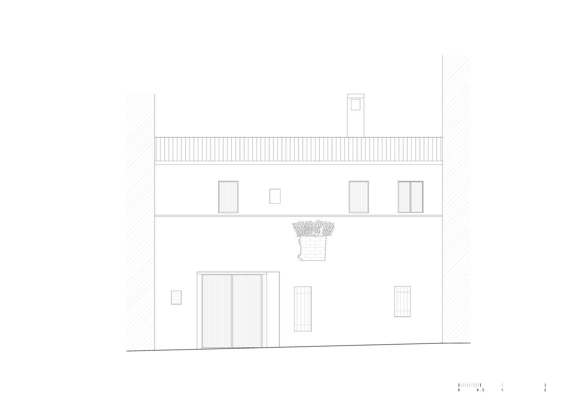 Elevation drawing of a facade with multiple windows, a rooftop planter, and adjacent building walls in hatching