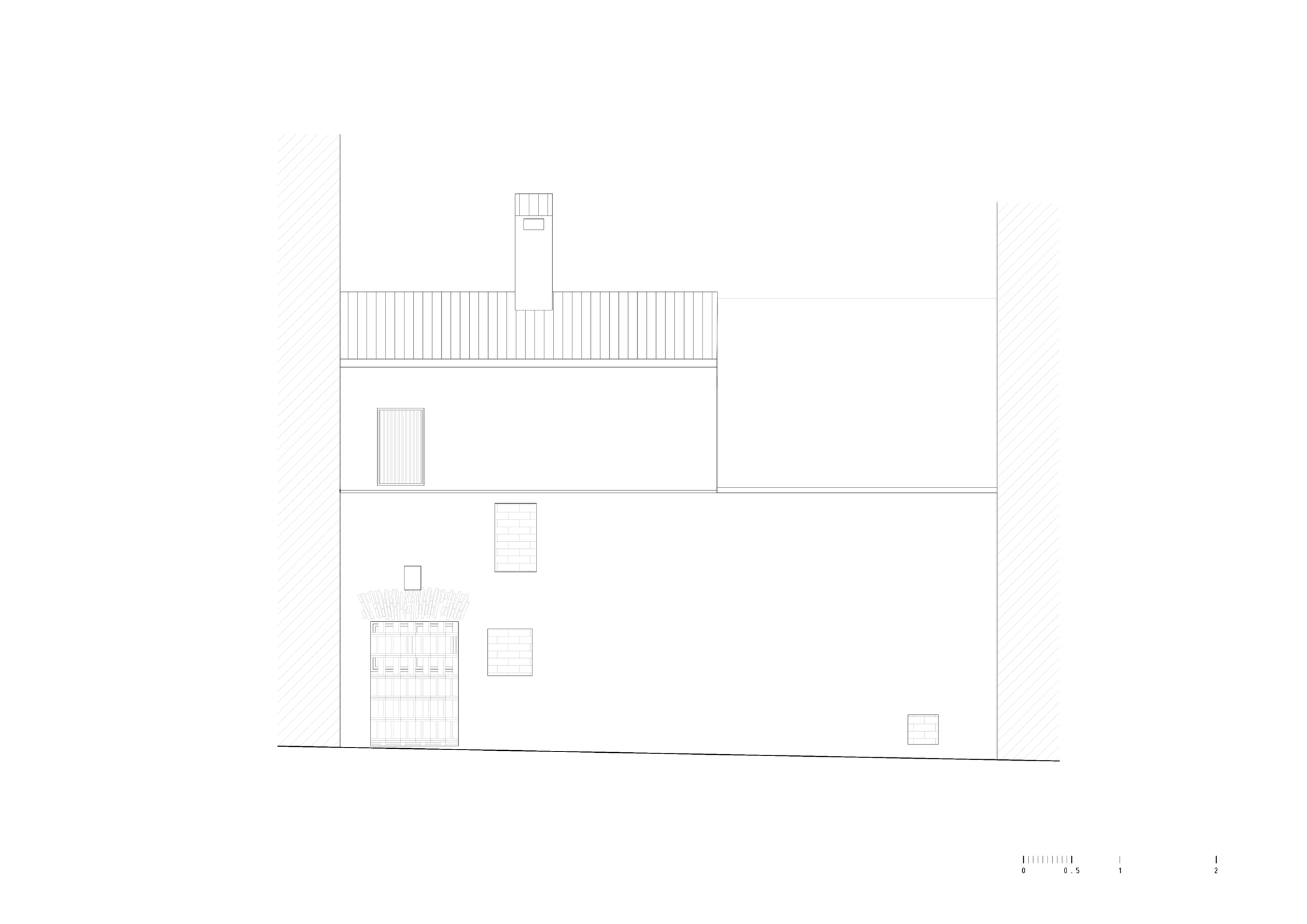 Elevation drawing showing a three-story volume with scattered windows, pitched roof, and neighboring building walls