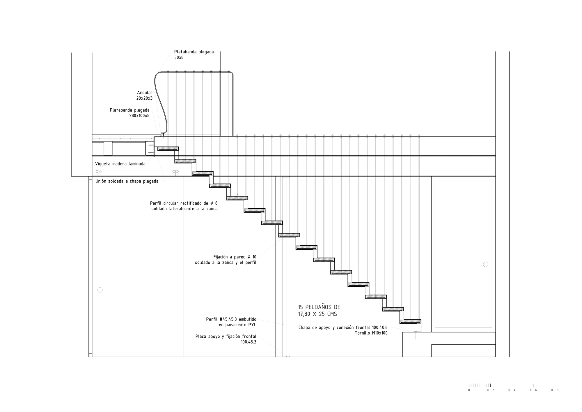 Detail section drawing of a steel staircase with folded treads, railing, and labeled material assemblies