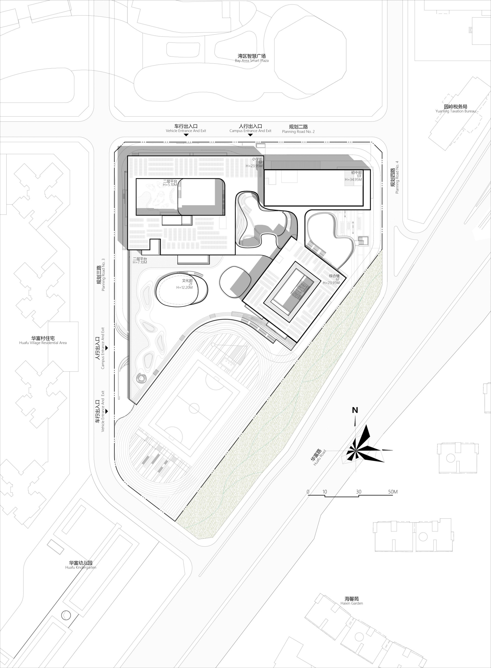 Site plan drawing showing irregularly shaped buildings around a central courtyard with surrounding streets and north arrow