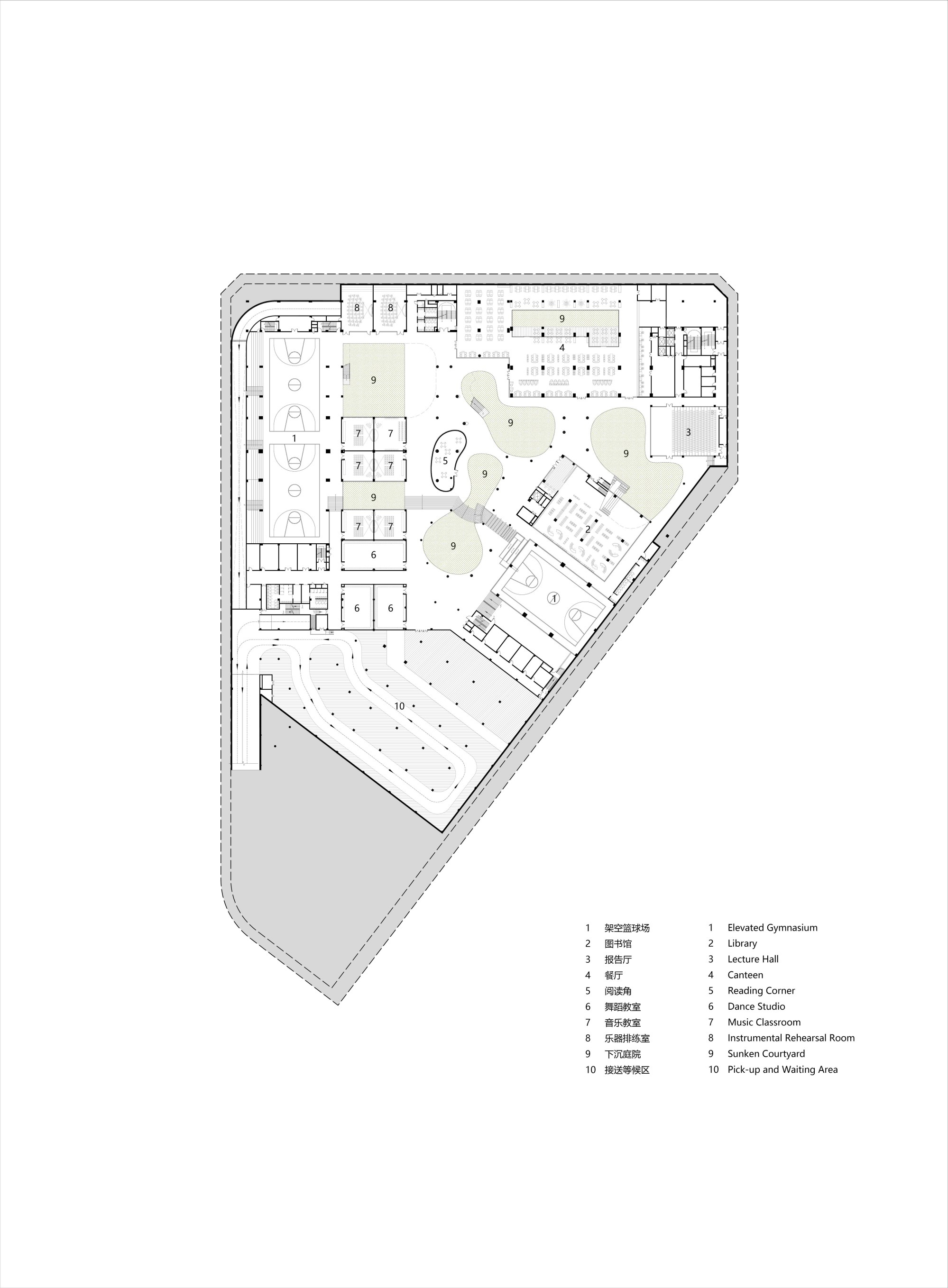 Floor plan drawing of an angled building layout with classrooms, central courtyard, and triangular corner volume
