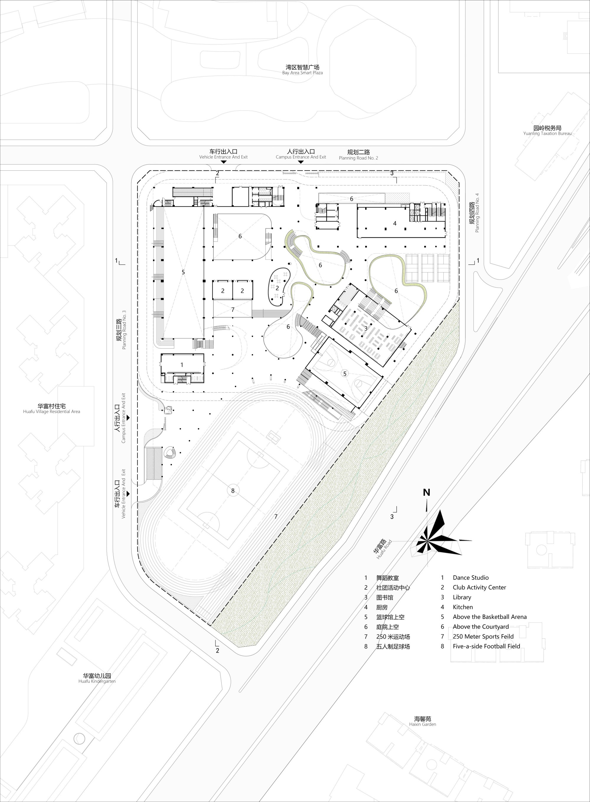 Ground floor plan drawing showing dance studio, library, and outdoor sports field along street edge