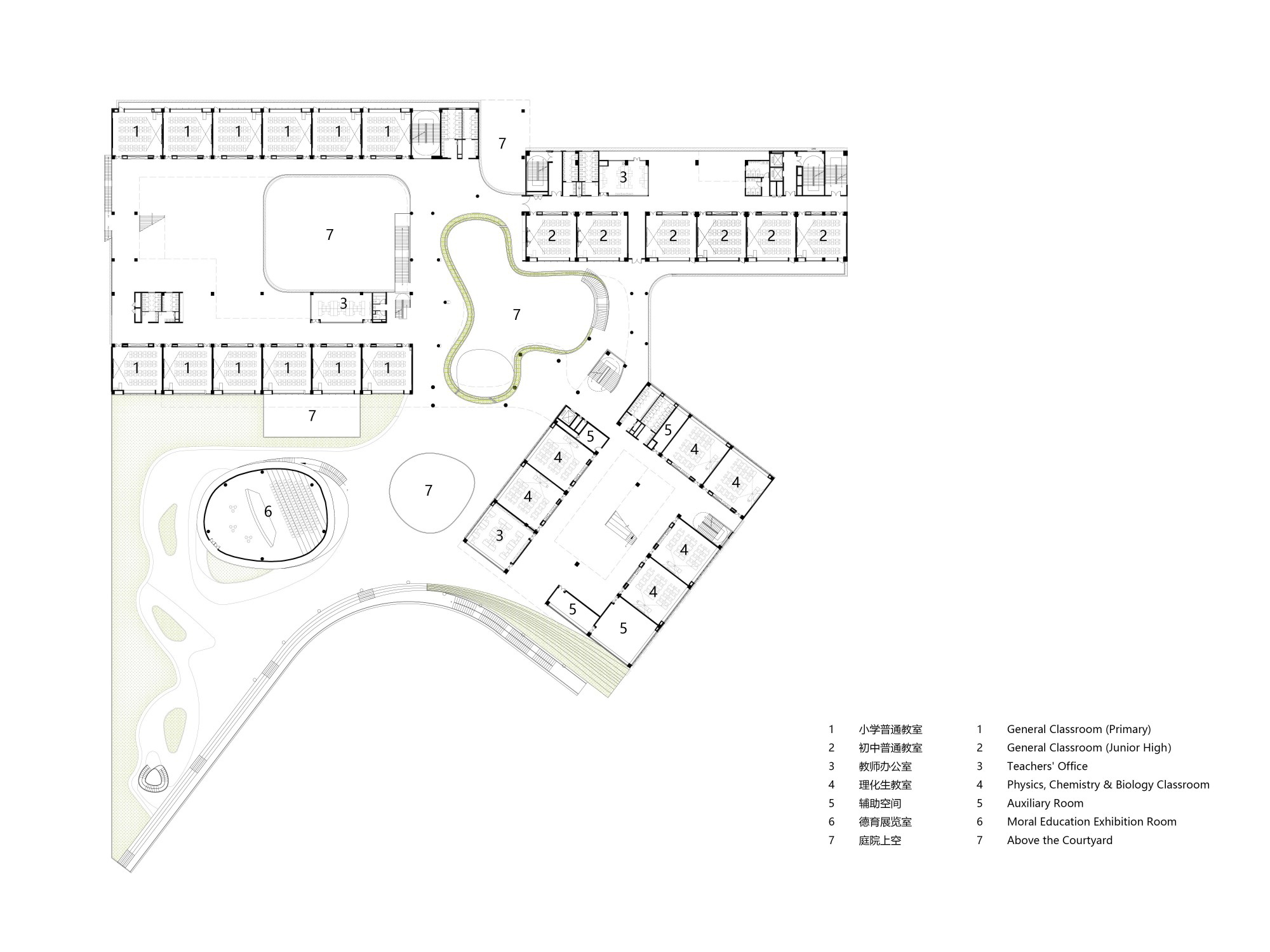 Floor plan drawing showing classrooms arranged around a curved courtyard with landscaped outdoor spaces