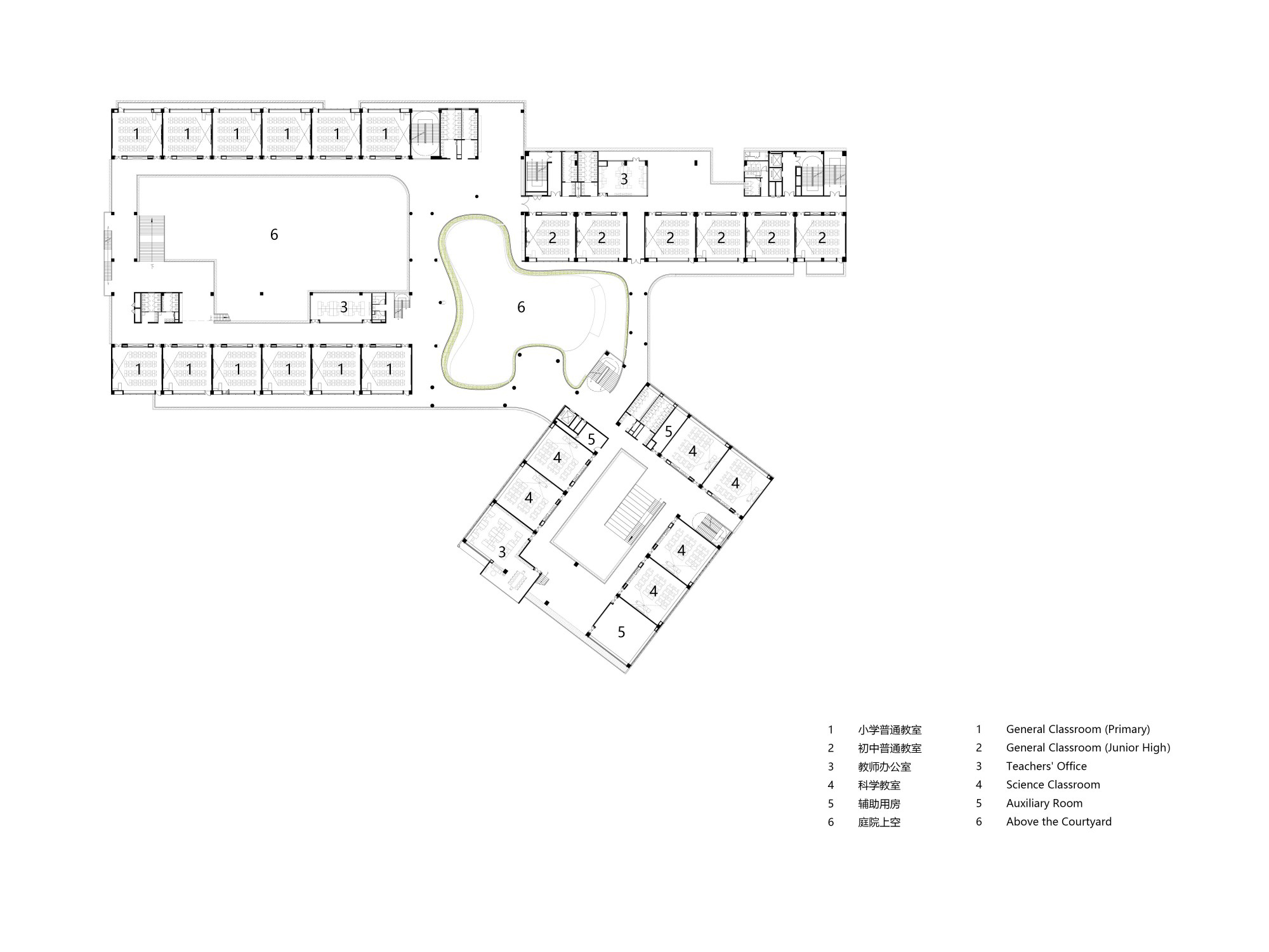 Upper floor plan drawing depicting classroom wings flanking a central courtyard space with curved circulation path