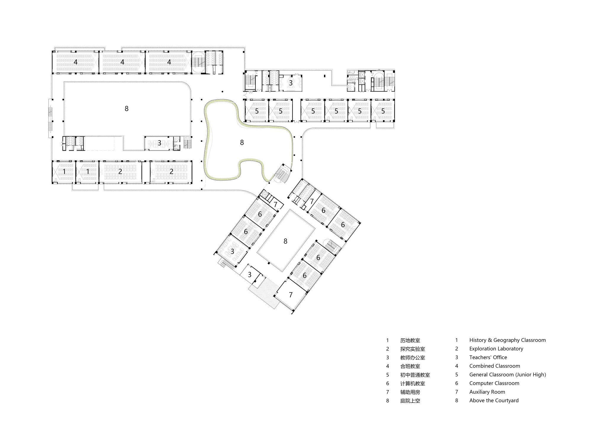 Floor plan drawing showing classroom wings connected by a curved circulation corridor