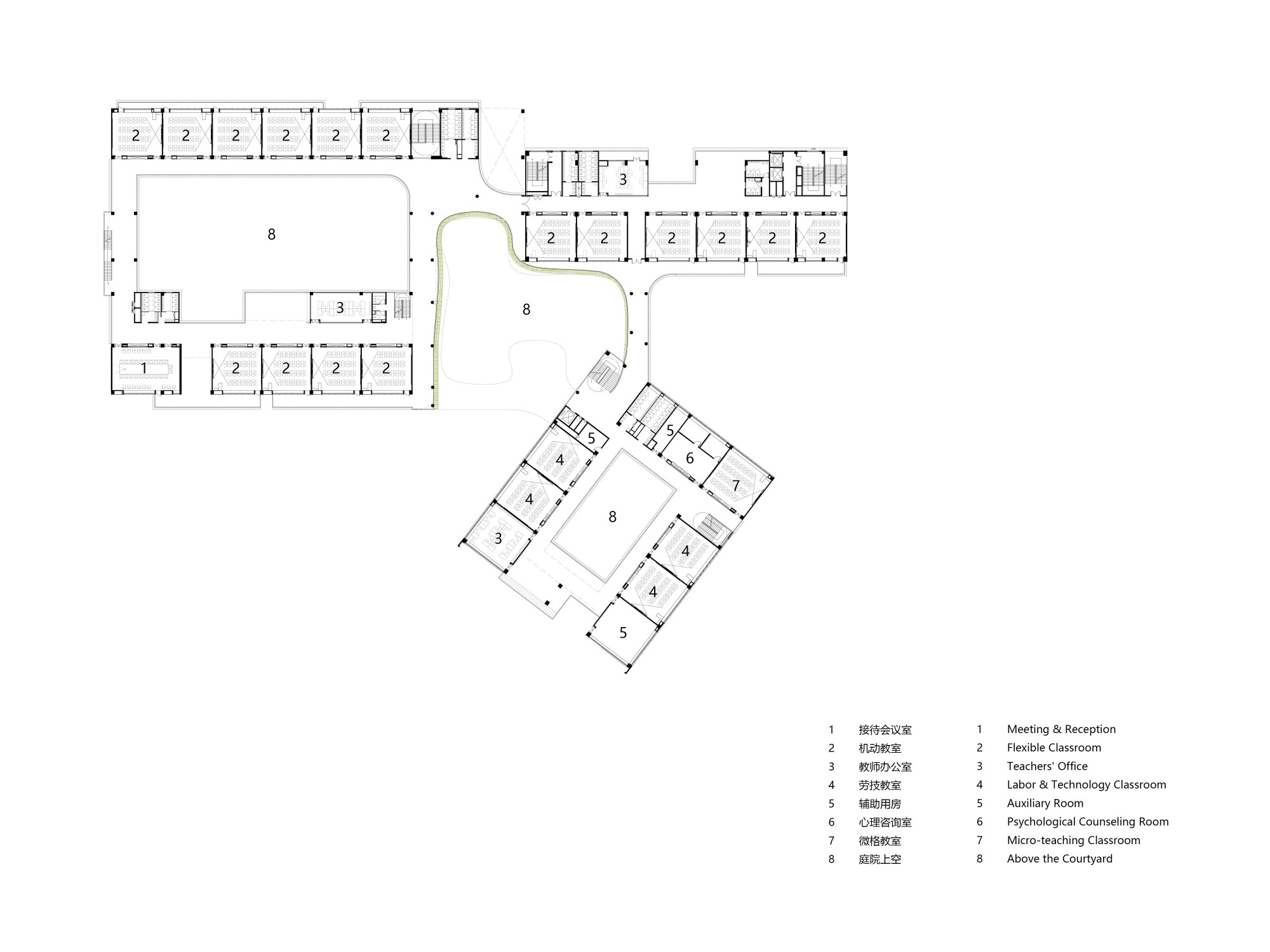 Floor plan drawing showing flexible classroom spaces organized around a central open courtyard