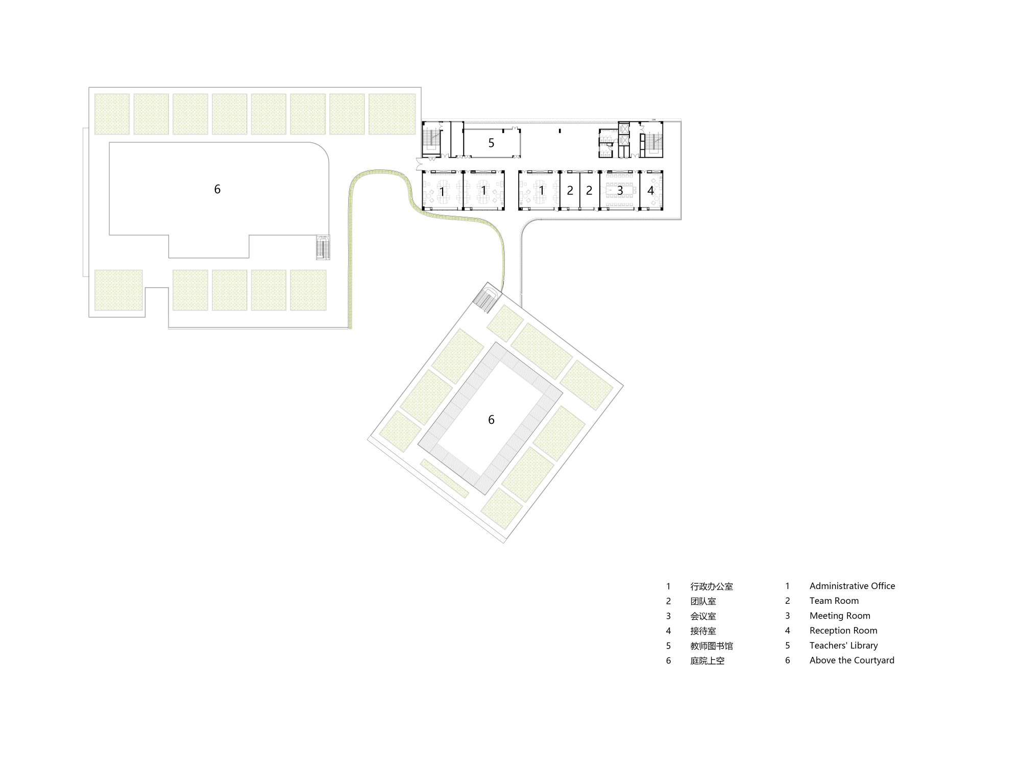 Roof plan drawing showing green roof zones and skylight openings above the classrooms