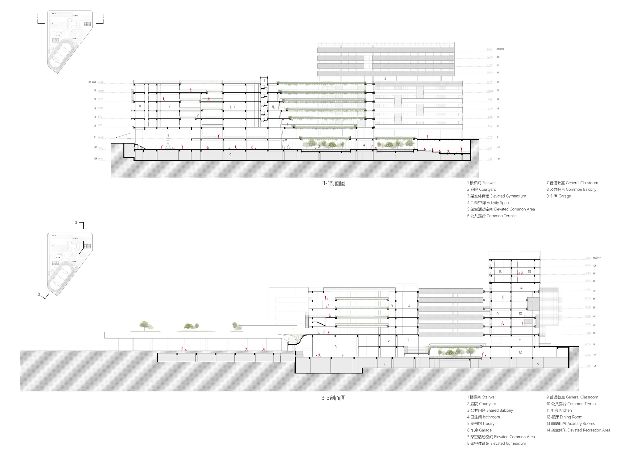 Building section drawings showing the multi-level structure with courtyards and planted terraces