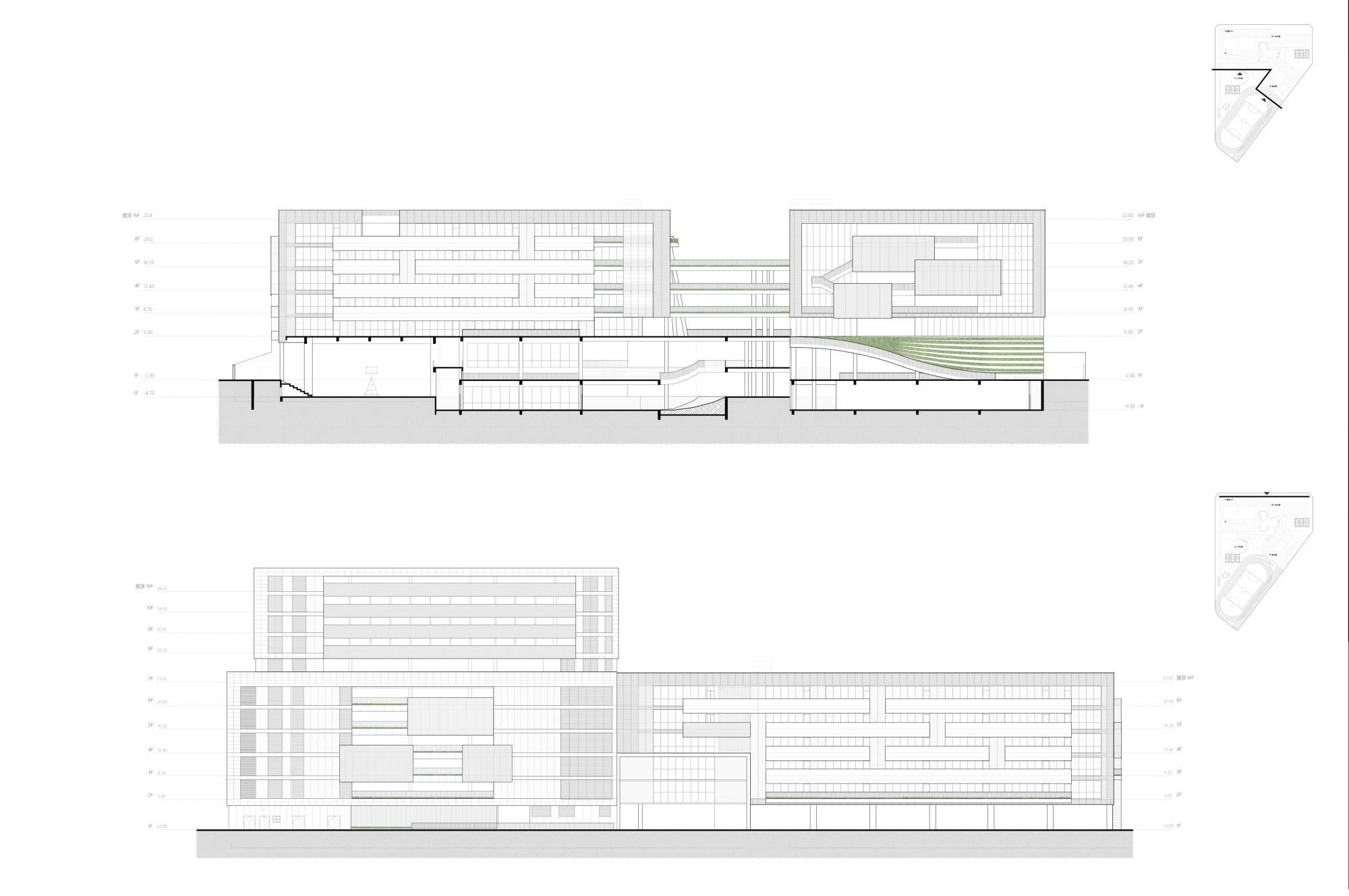 Building section and elevation drawings showing the layered facade and internal spatial organization