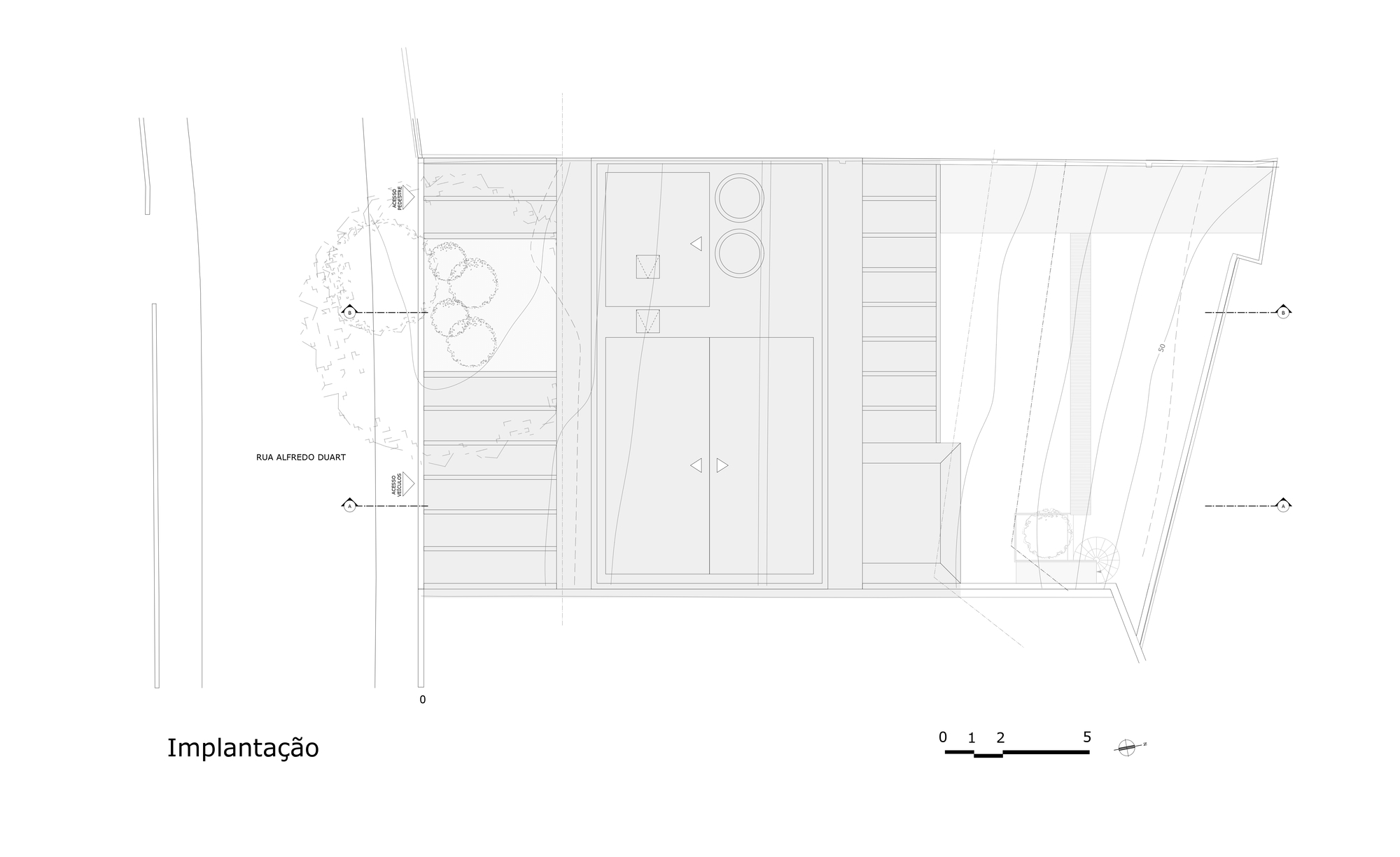 Site plan drawing showing terraced outdoor spaces and landscape planting along one edge