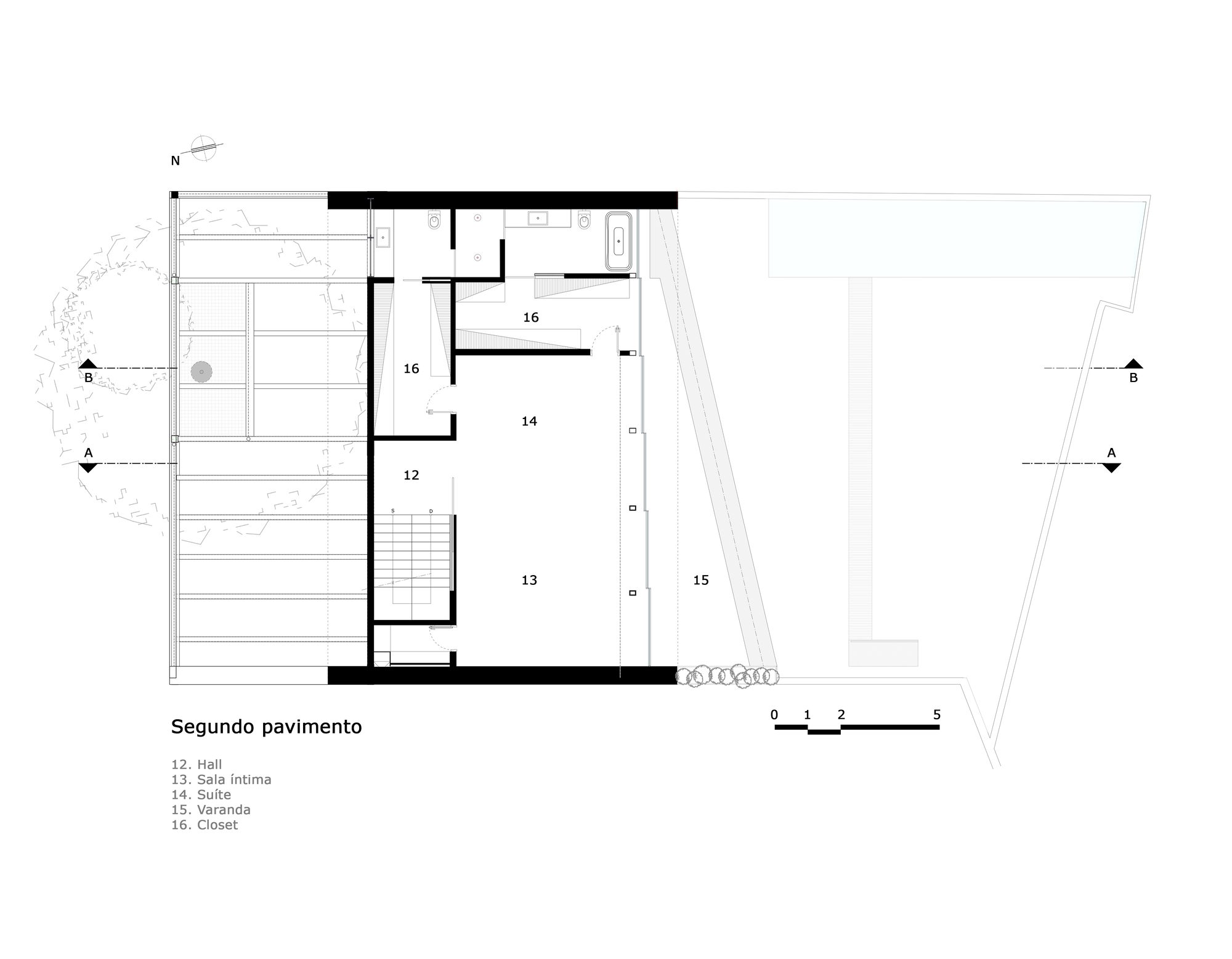 Second floor plan drawing showing suite, living room, and veranda with central staircase and adjacent terrace