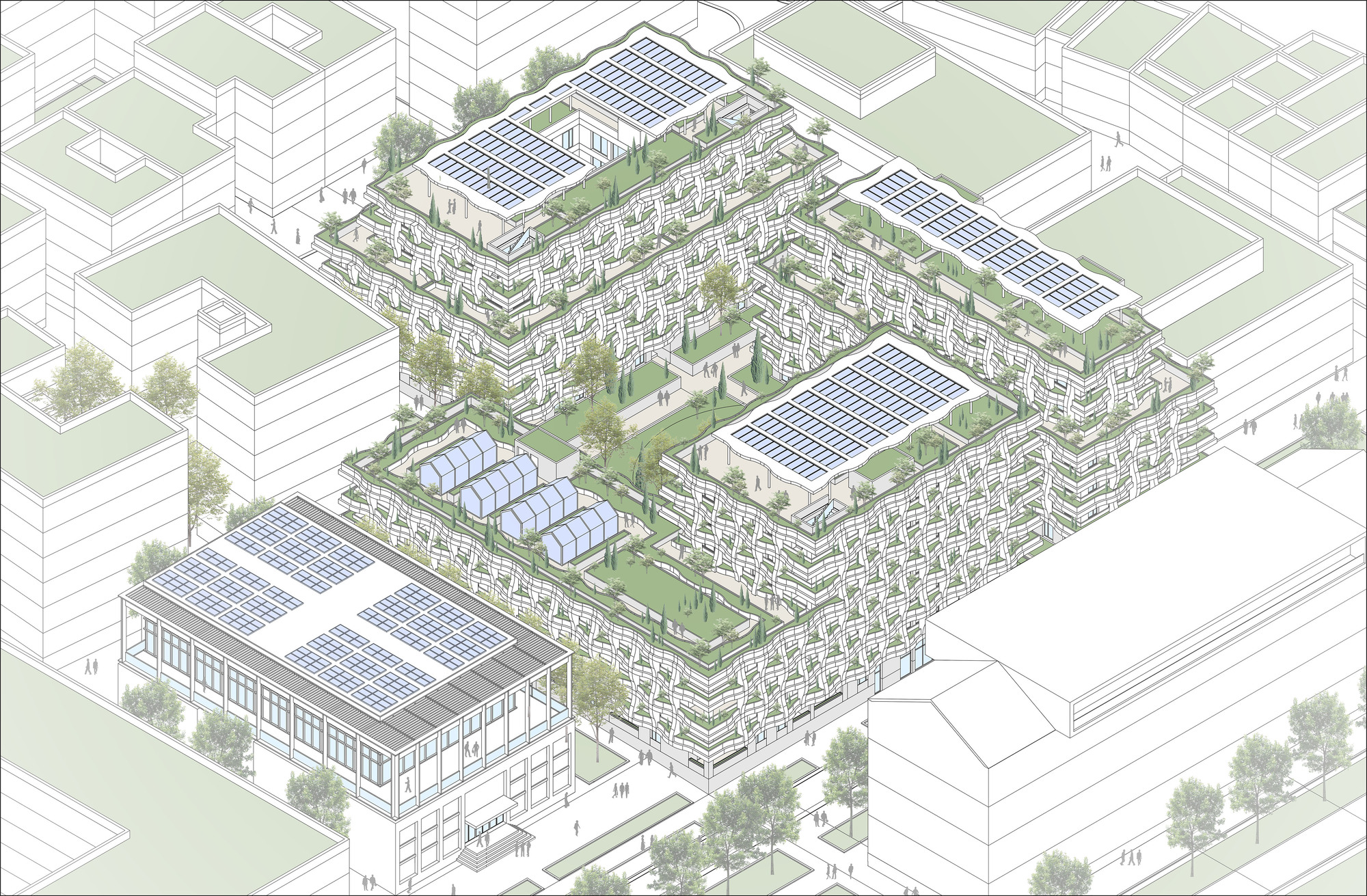 Axonometric drawing showing residential blocks with rooftop solar panels and terraced greenery in urban context
