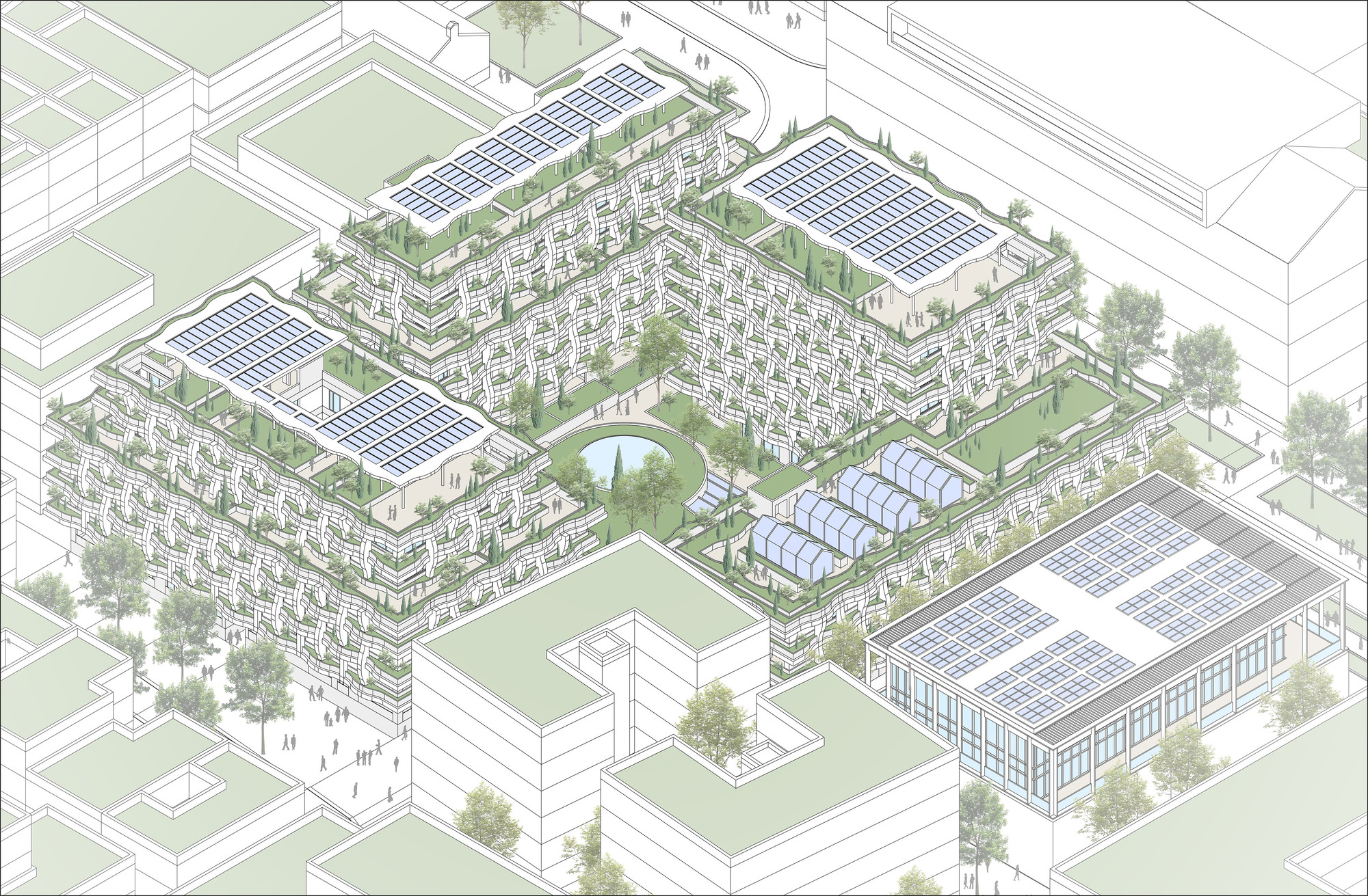 Axonometric drawing depicting the complex with stepped volumes, planted roofs, and solar arrays across multiple buildings