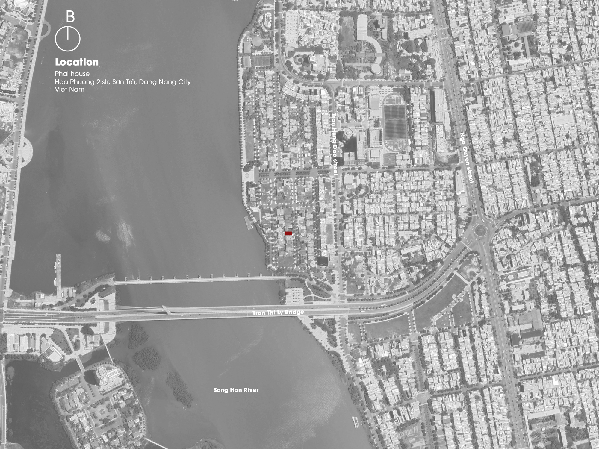 Site plan showing the residential plot location adjacent to a river and bridge infrastructure