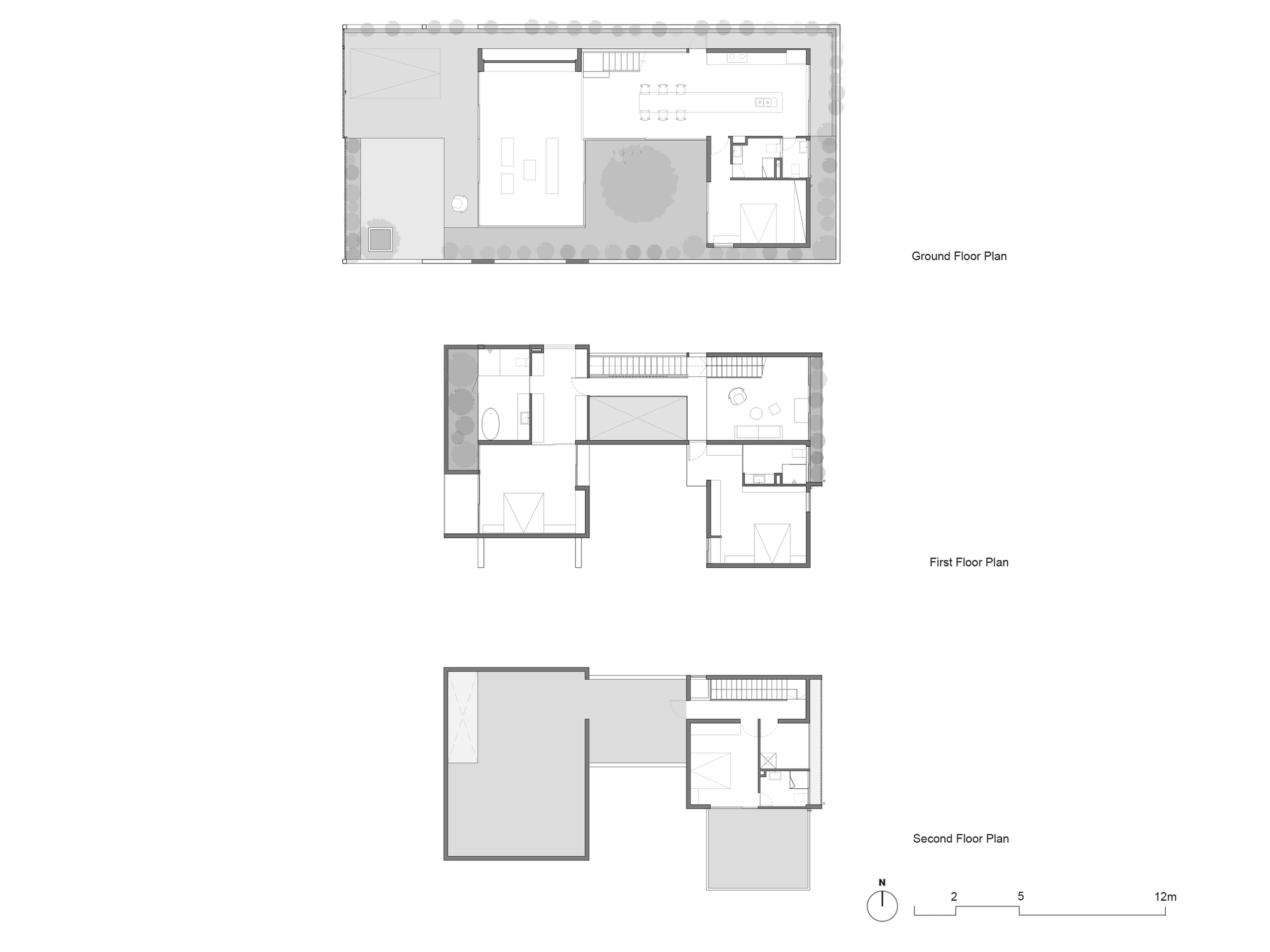 Floor plan drawings showing ground, first, and second levels with central courtyard and staircase circulation
