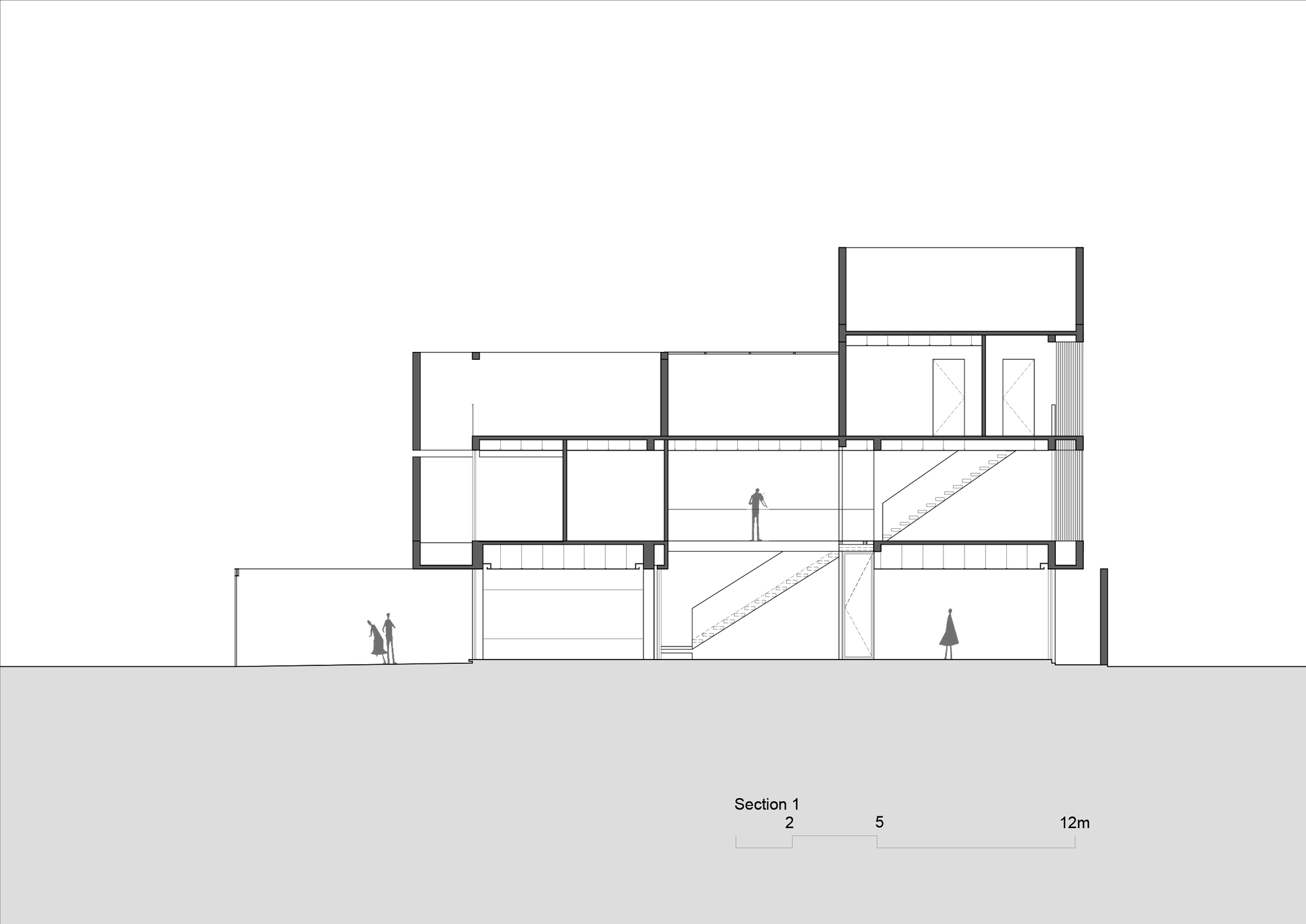 Section drawing showing multi-level interior spaces with staircase and standing human figures for scale