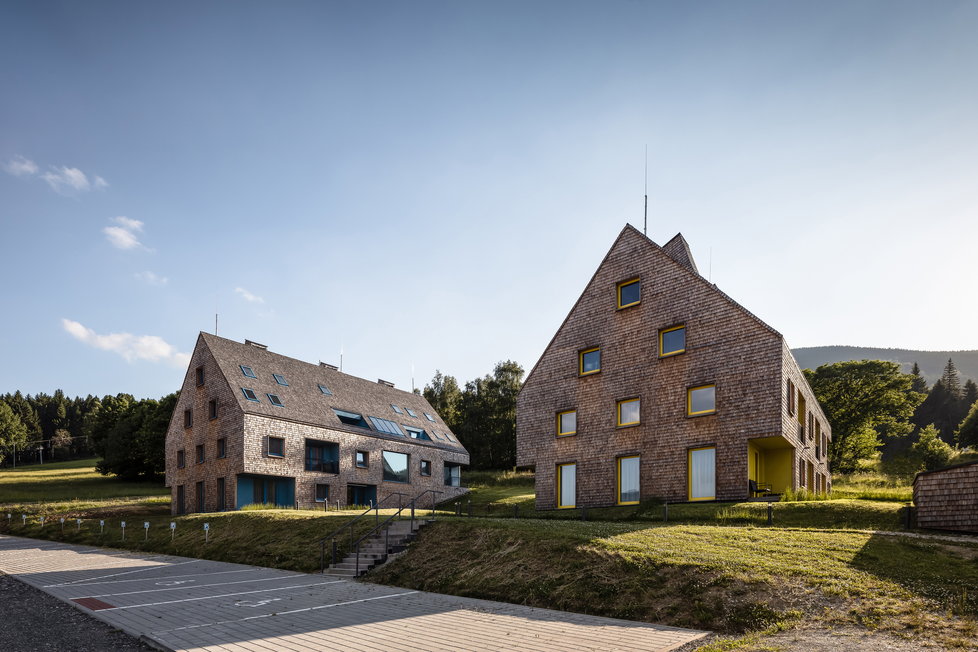 Two shingled gable-roofed volumes on a grassy slope with forests in the background