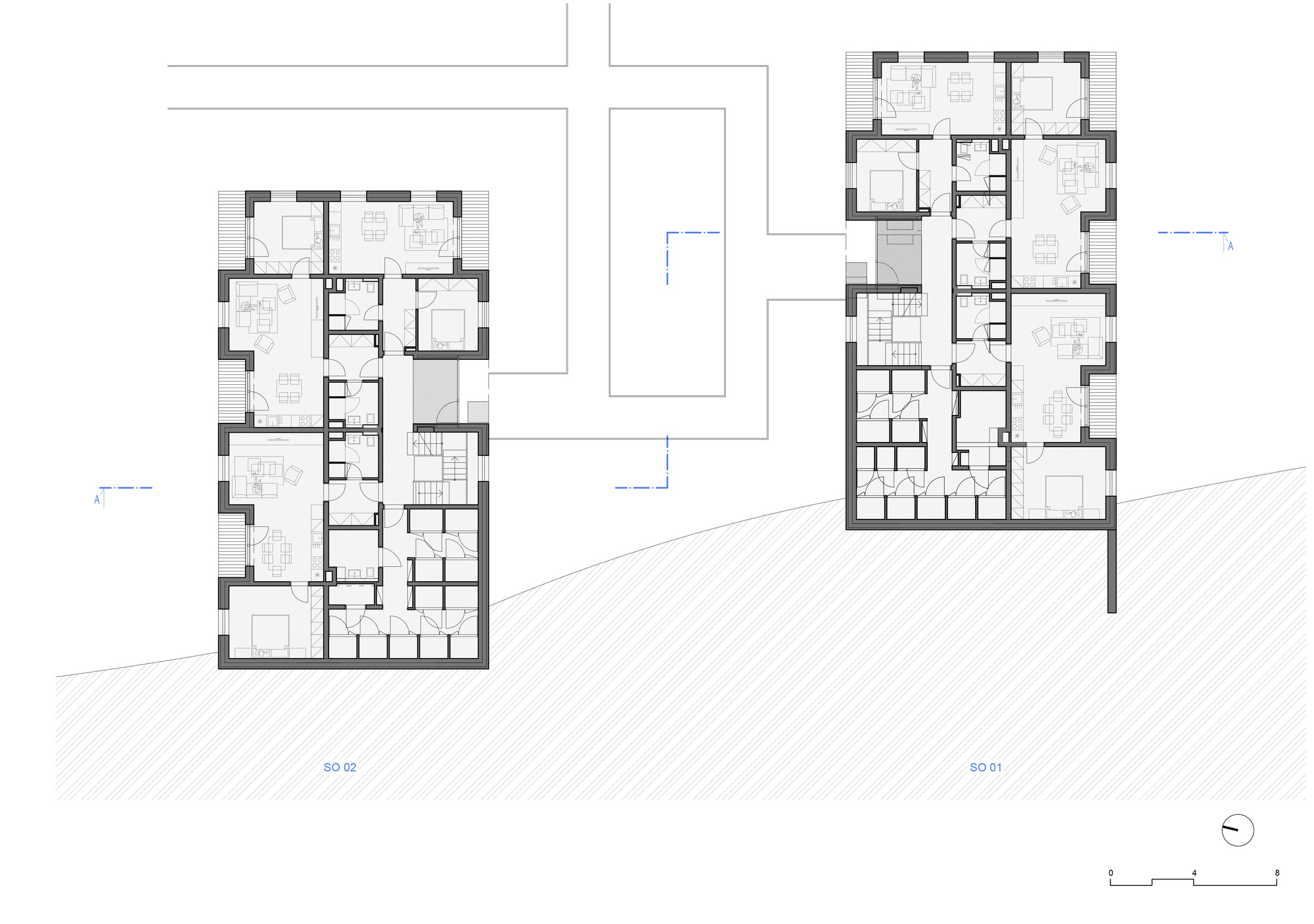 Floor plan drawing showing two multi-unit residential buildings with room layouts and circulation cores