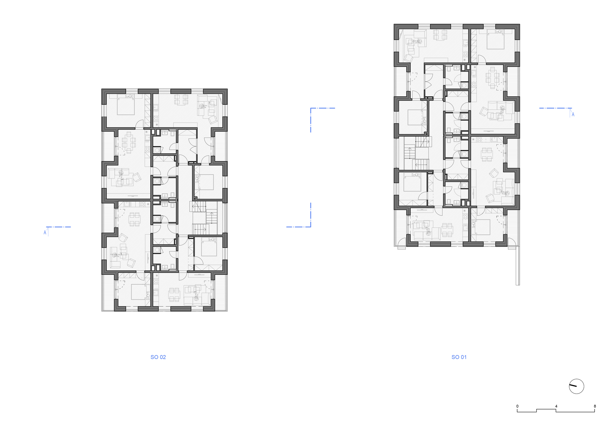 Floor plan drawing showing two residential buildings with rectangular layouts and central stairwells