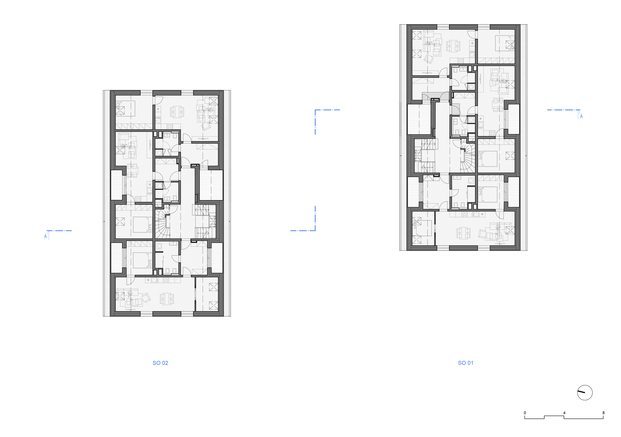 Floor plan drawing showing two multi-unit residential buildings with thick perimeter walls and shared circulation cores