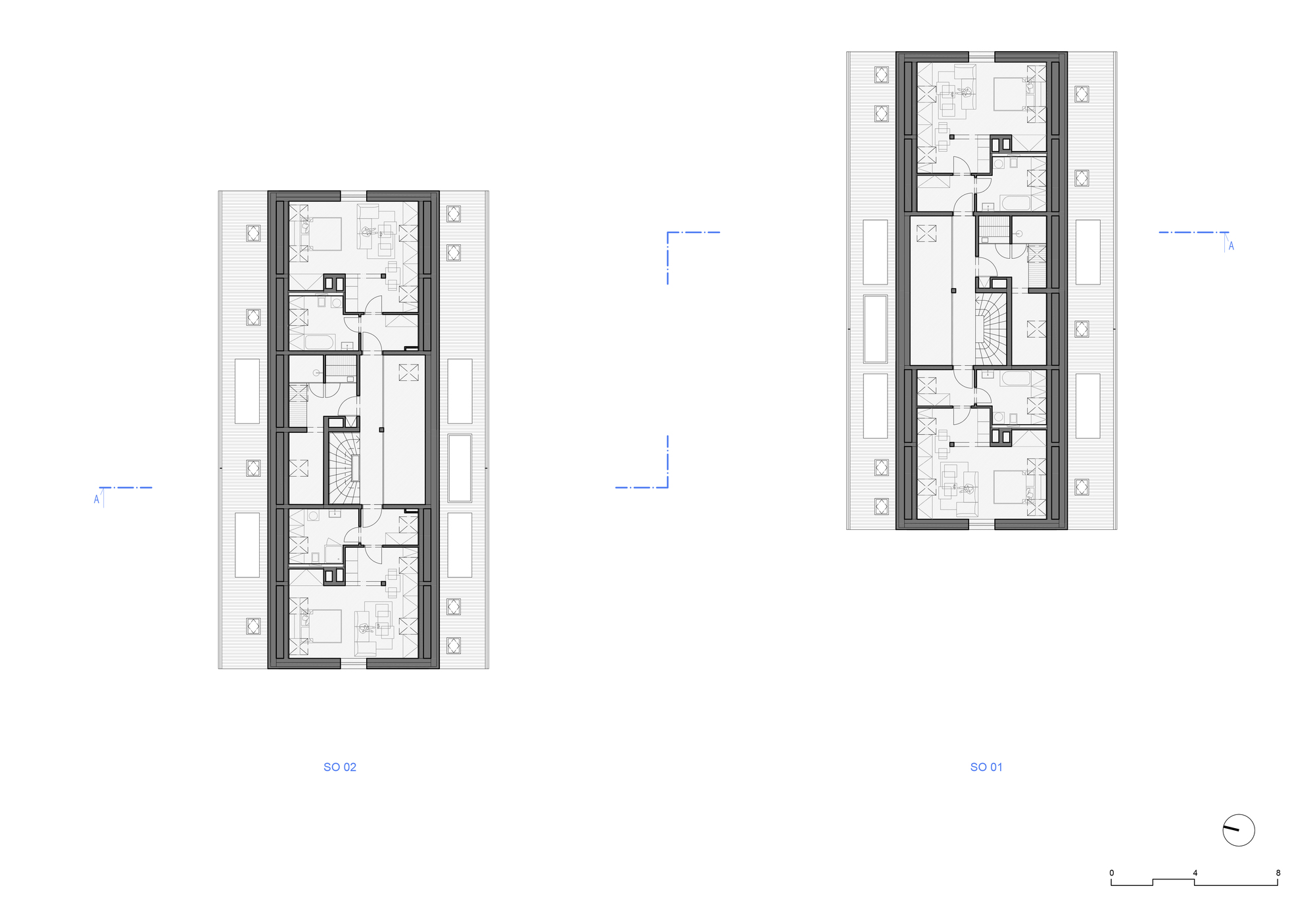 Floor plan drawing showing two narrow residential blocks with recessed balconies along the exterior facades