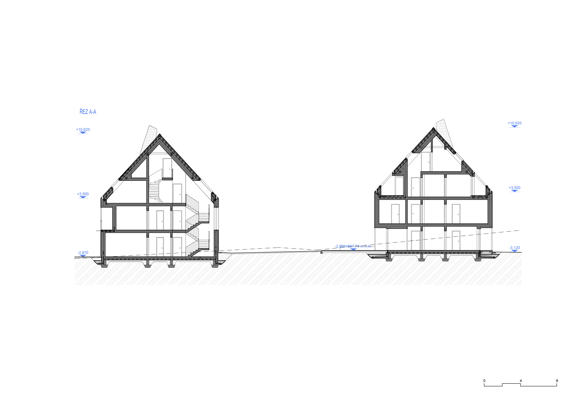 Section drawing showing two gabled houses with multi-level interiors and exposed structural framing