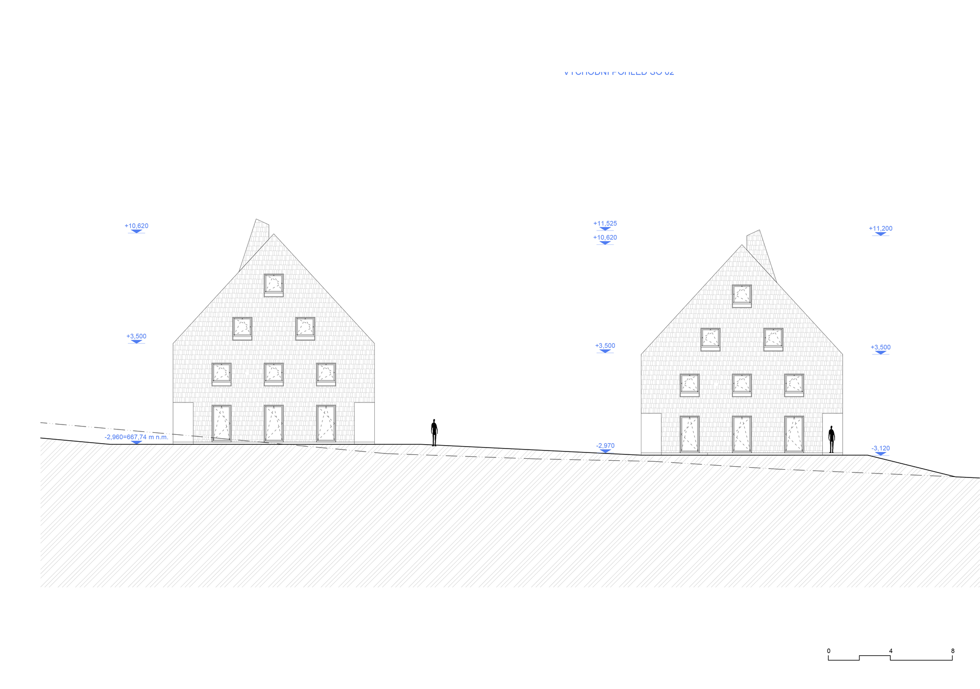 Elevation drawing showing two symmetrical gabled buildings with regular window grids and standing figures at grade